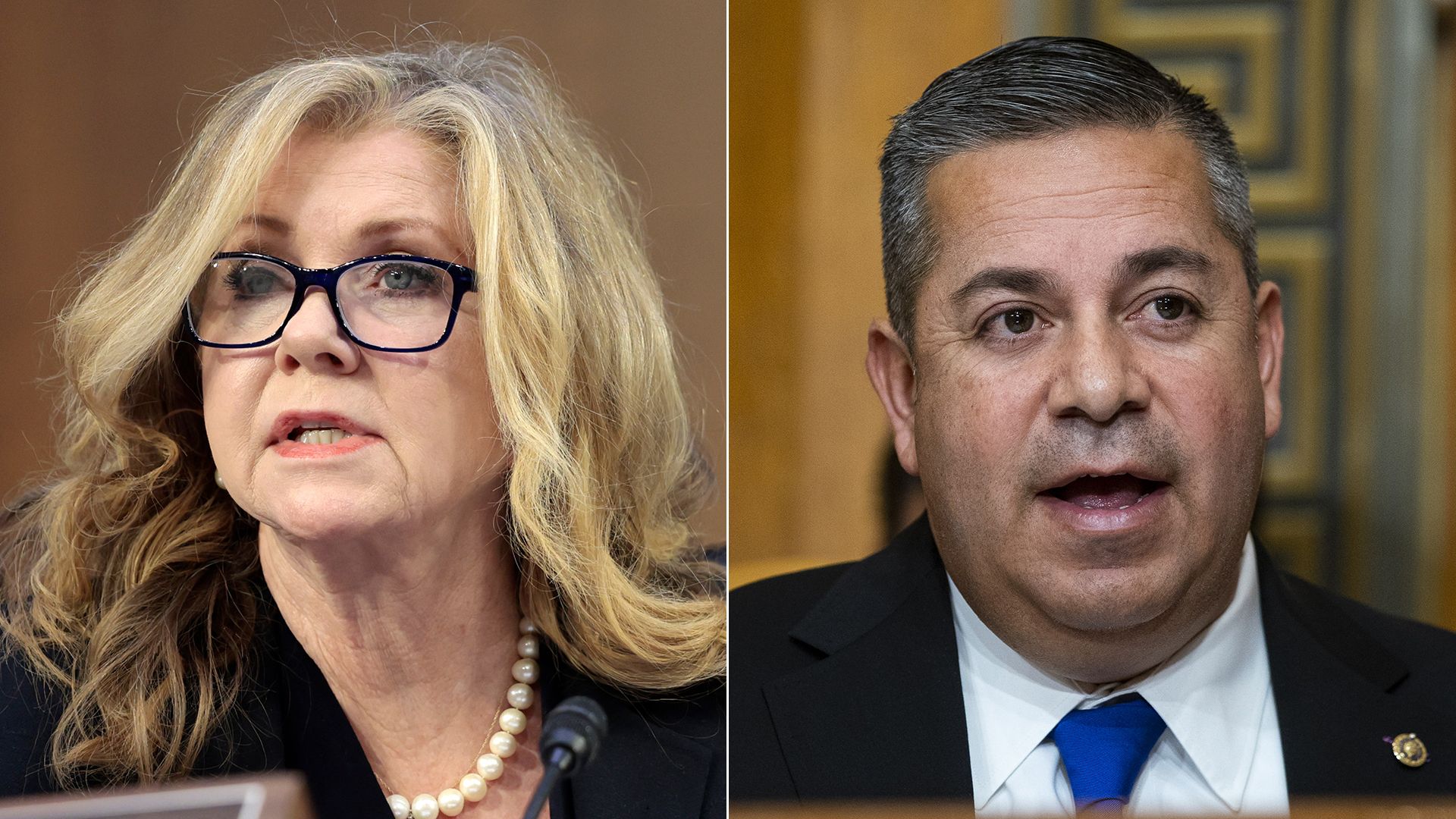 Two individual pictures put together of a woman speaking and a man speaking