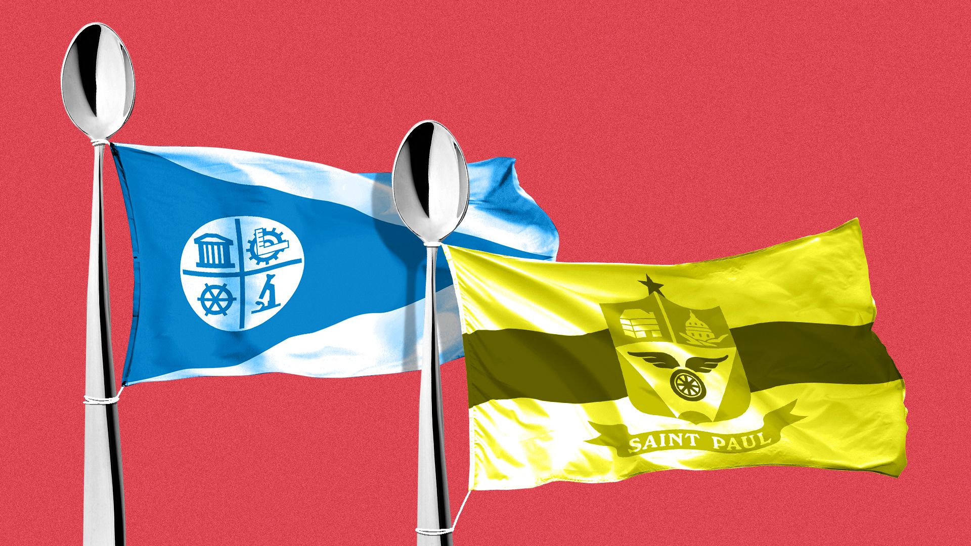 Illustration of the flags of Minneapolis and St. Paul hanging from spoons instead of flagpoles.