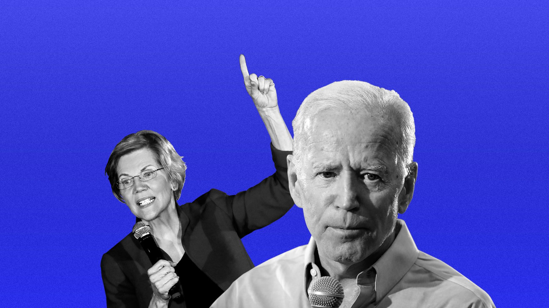 Illustration of Warren rising behind Biden