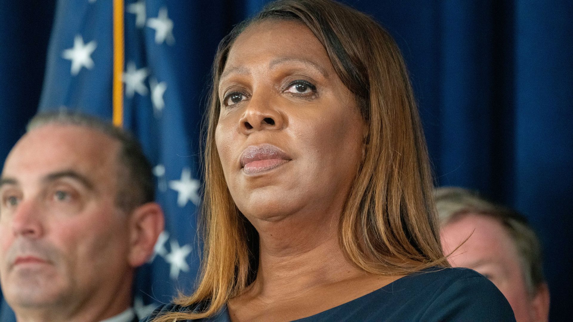 New York State Attorney General Letitia James speaks during a press conference, Sept 8, 2022.