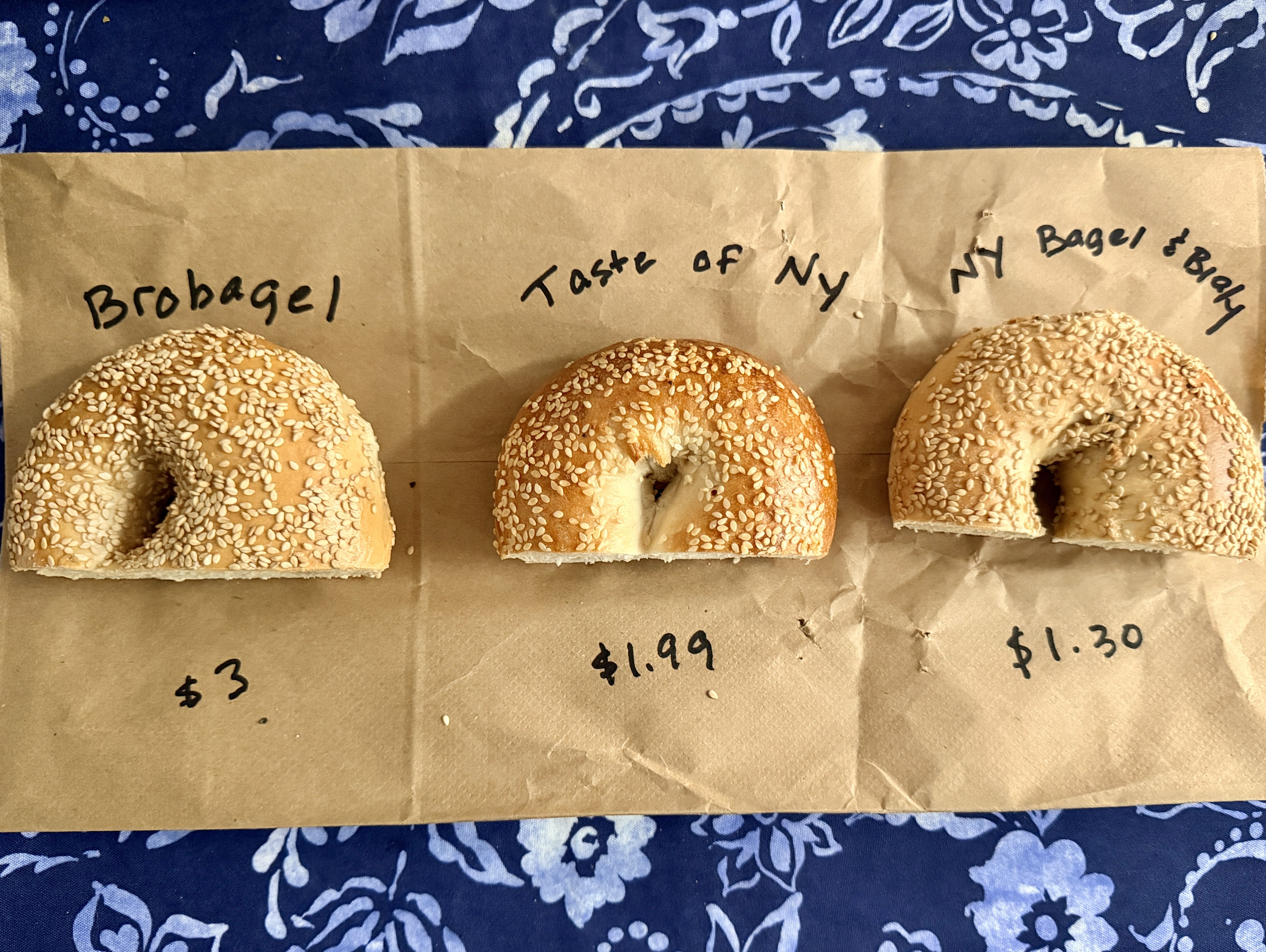 Three half bagels on paper 