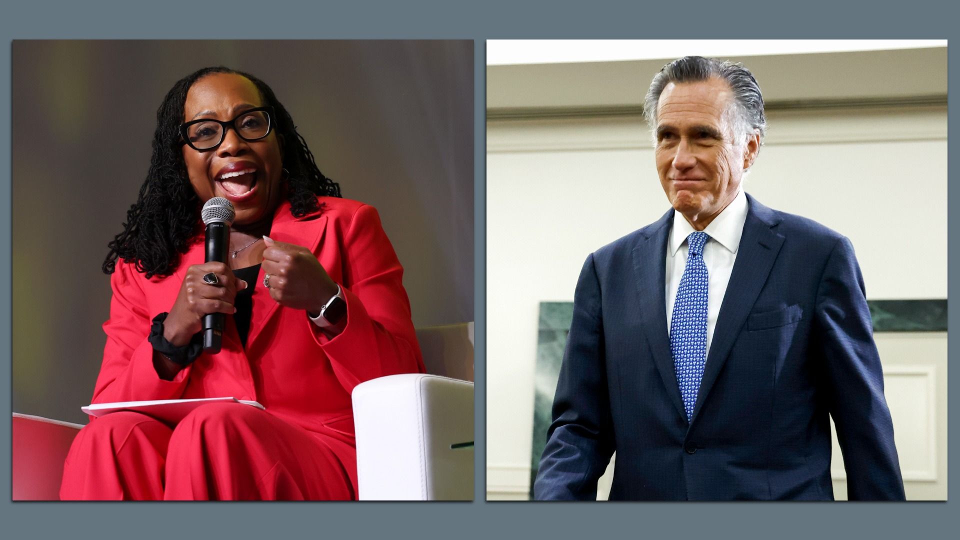 Justice Ketanji Brown Jackson in a photo to the left, holding a mic and speaking; Former Senator Mitt Romney in a photo to the right, walking and smiling