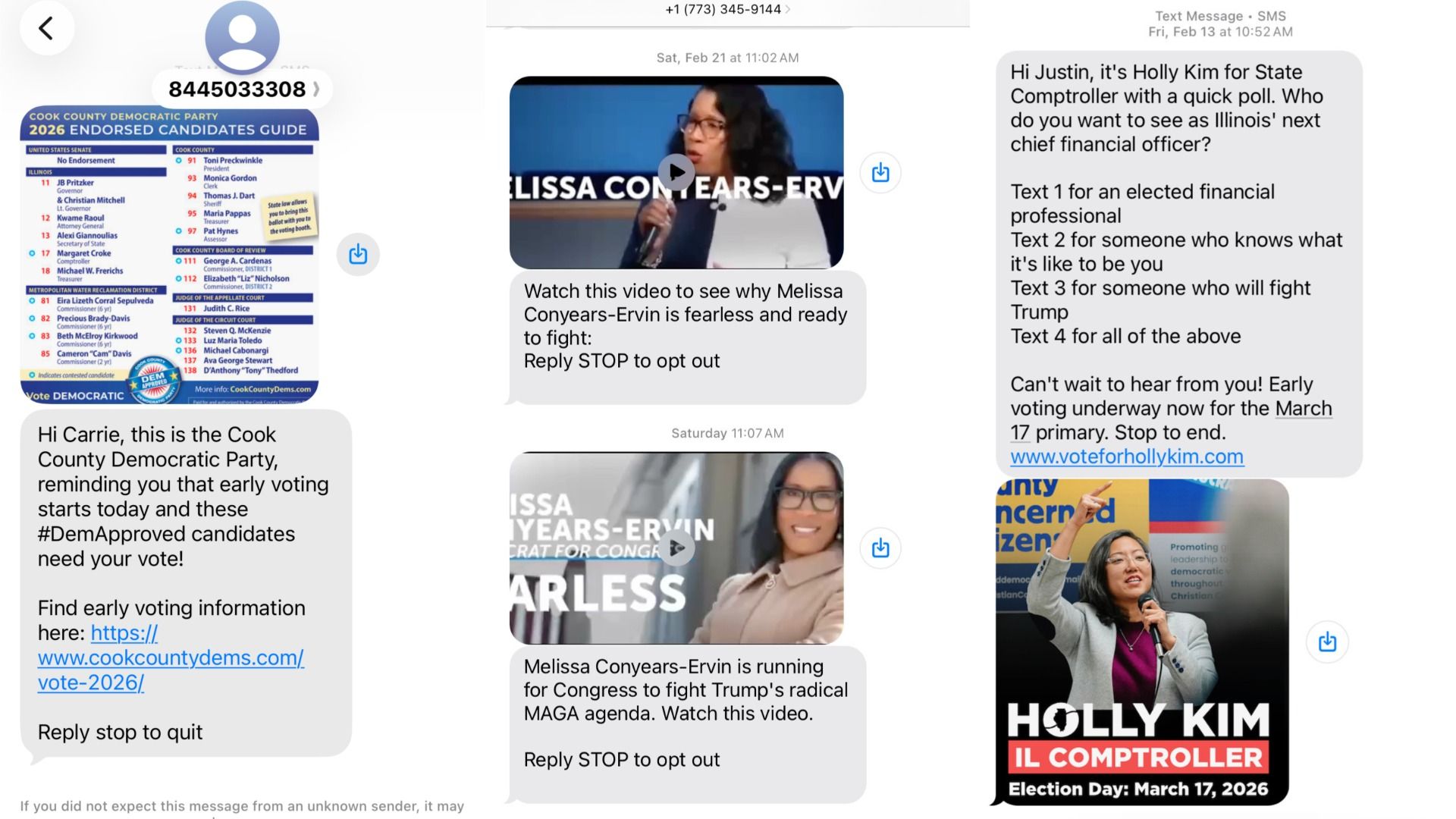 Text message screenshots showing political campaign texts for Cook County Democratic Party 2026 candidates, Melissa Conyears-Ervin for Congress, and Holly Kim for Illinois Comptroller election on March 17, 2026.