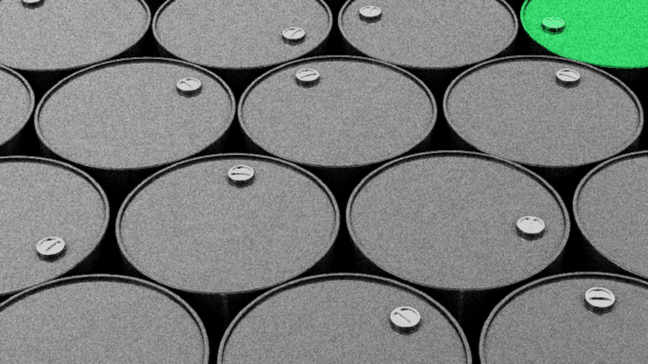 Illustration of many oil barrels with one green one