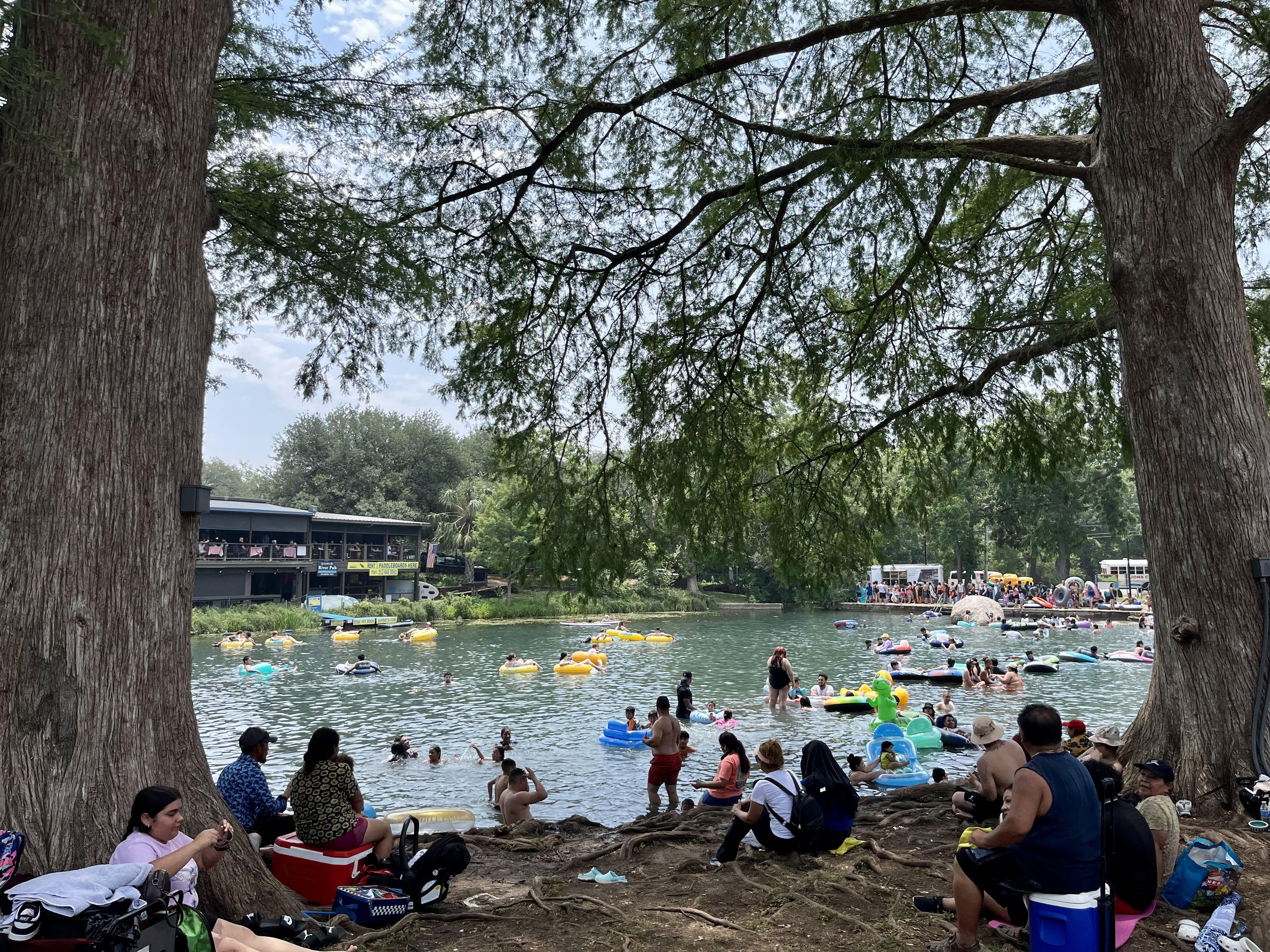 A crowded river full of tubes and people is framed by two trees towering over it on either side.