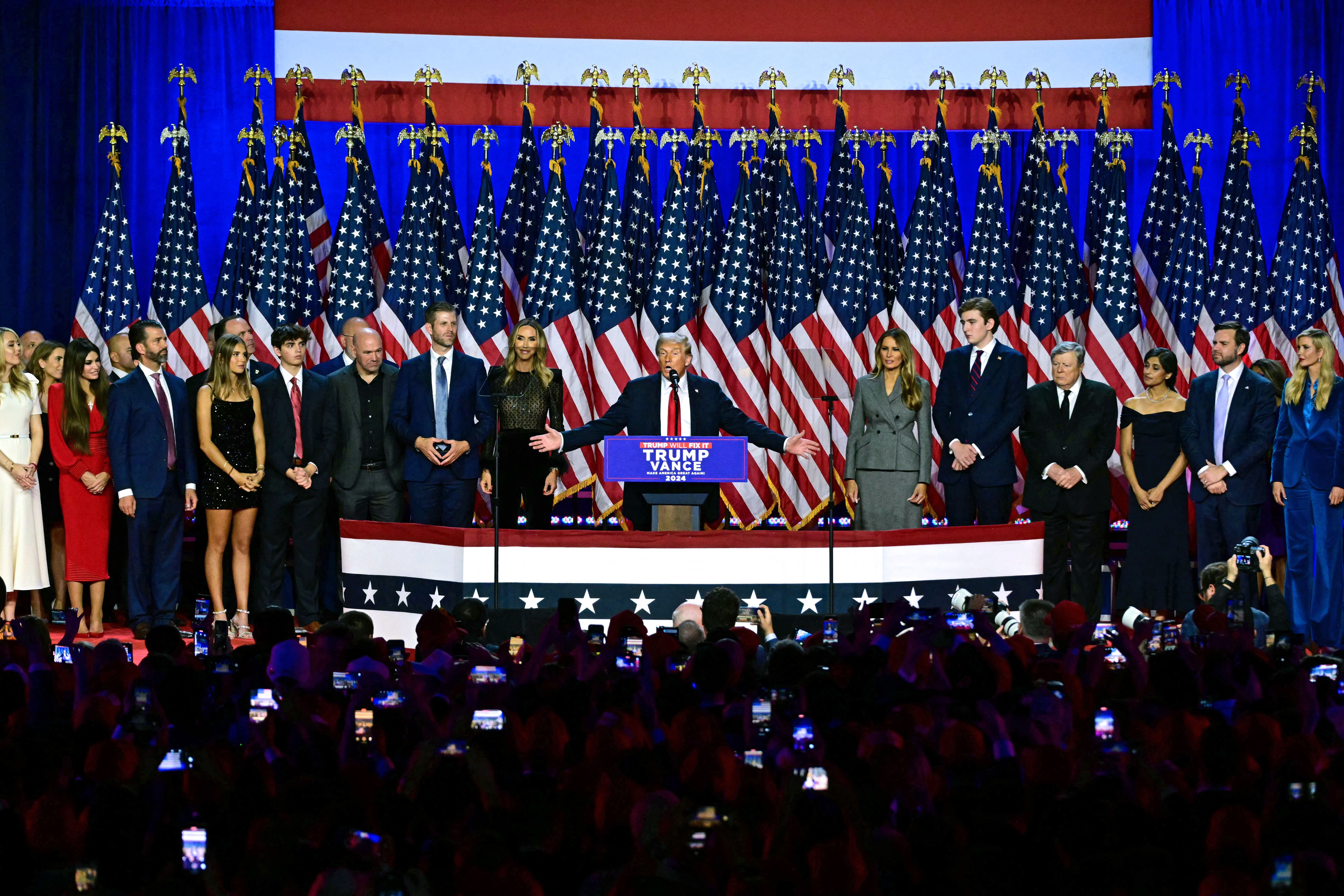 Former US President and Republican presidential candidate Donald Trump speaks during an election night event at the West Palm Beach Convention Center in West Palm Beach, Florida, on November 6, 2024. Republican former president Donald Trump closed in on a new term in the White House early November 6