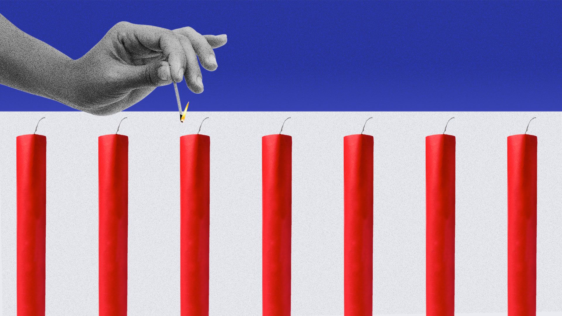 Illustration of red sticks of dynamite on a blue and white background about to be lit with a match.