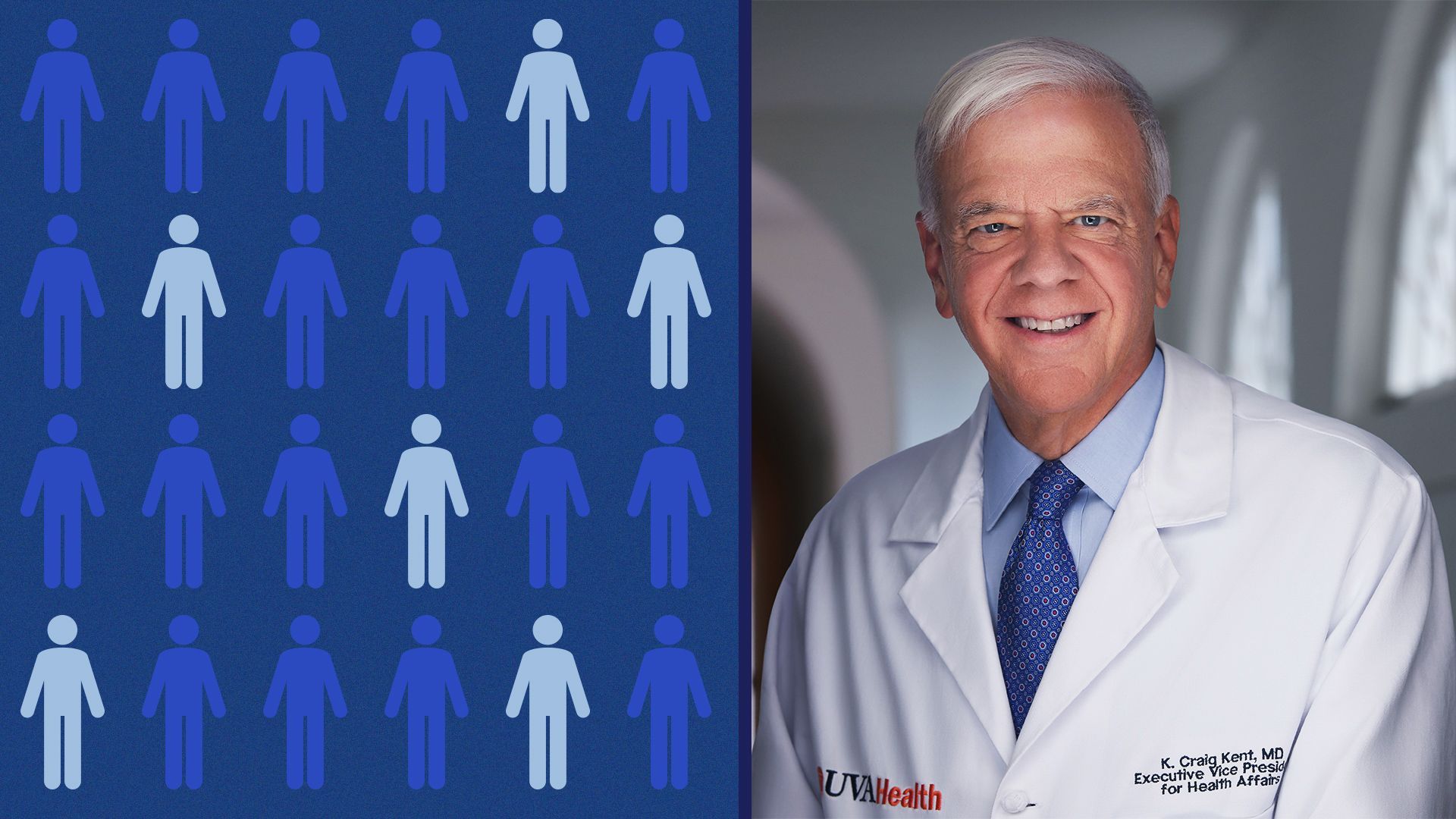 Photo illustration of Dr. Craig Kent surrounded by abstract people icons in various colors indicating a shortage of workers. 