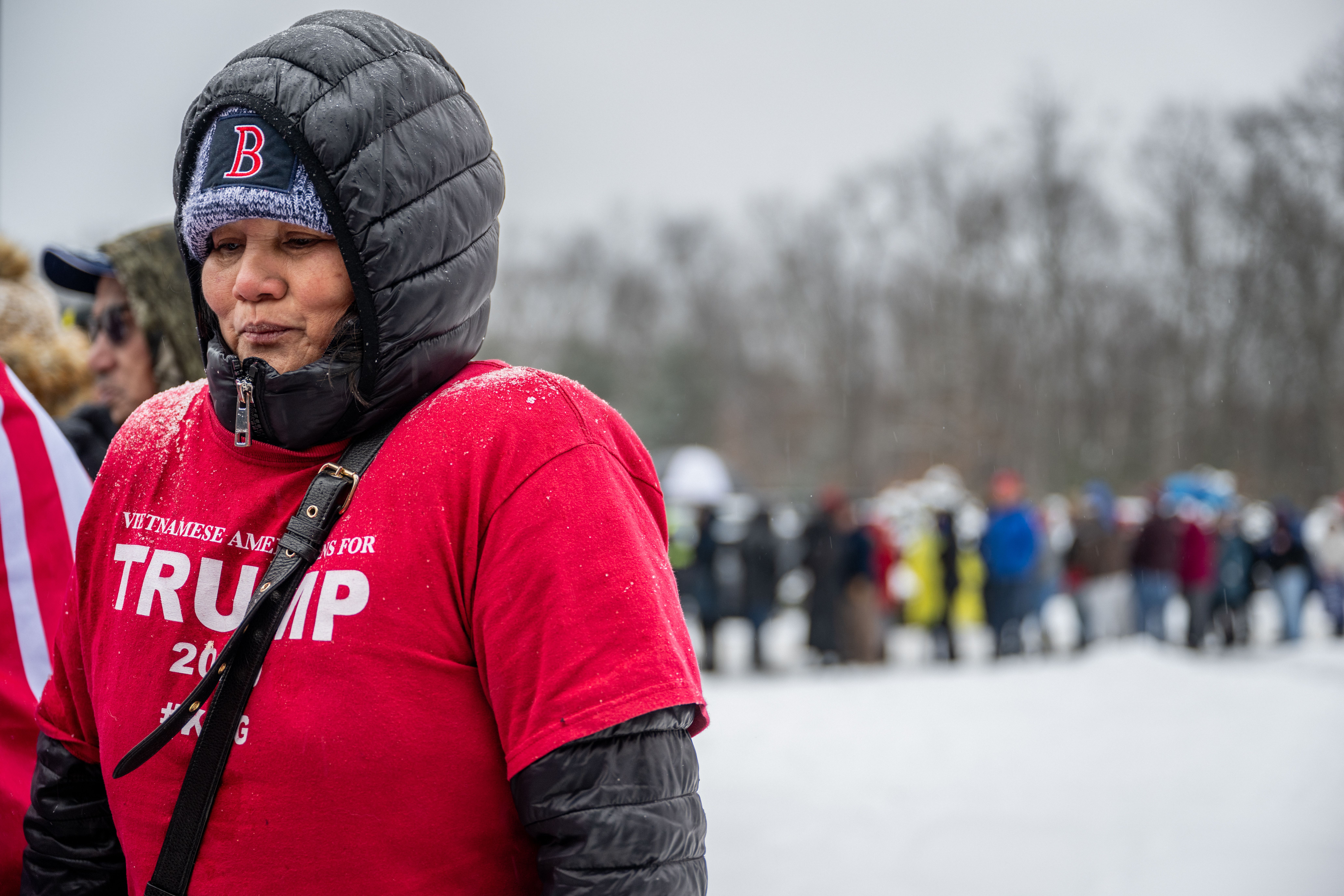 A supporter waits in line ahead of a rally for Republican presidential candidate, former U.S. President Donald Trump at the Atkinson Country Club on January 16, 2024 in Atkinson, New Hampshire.
