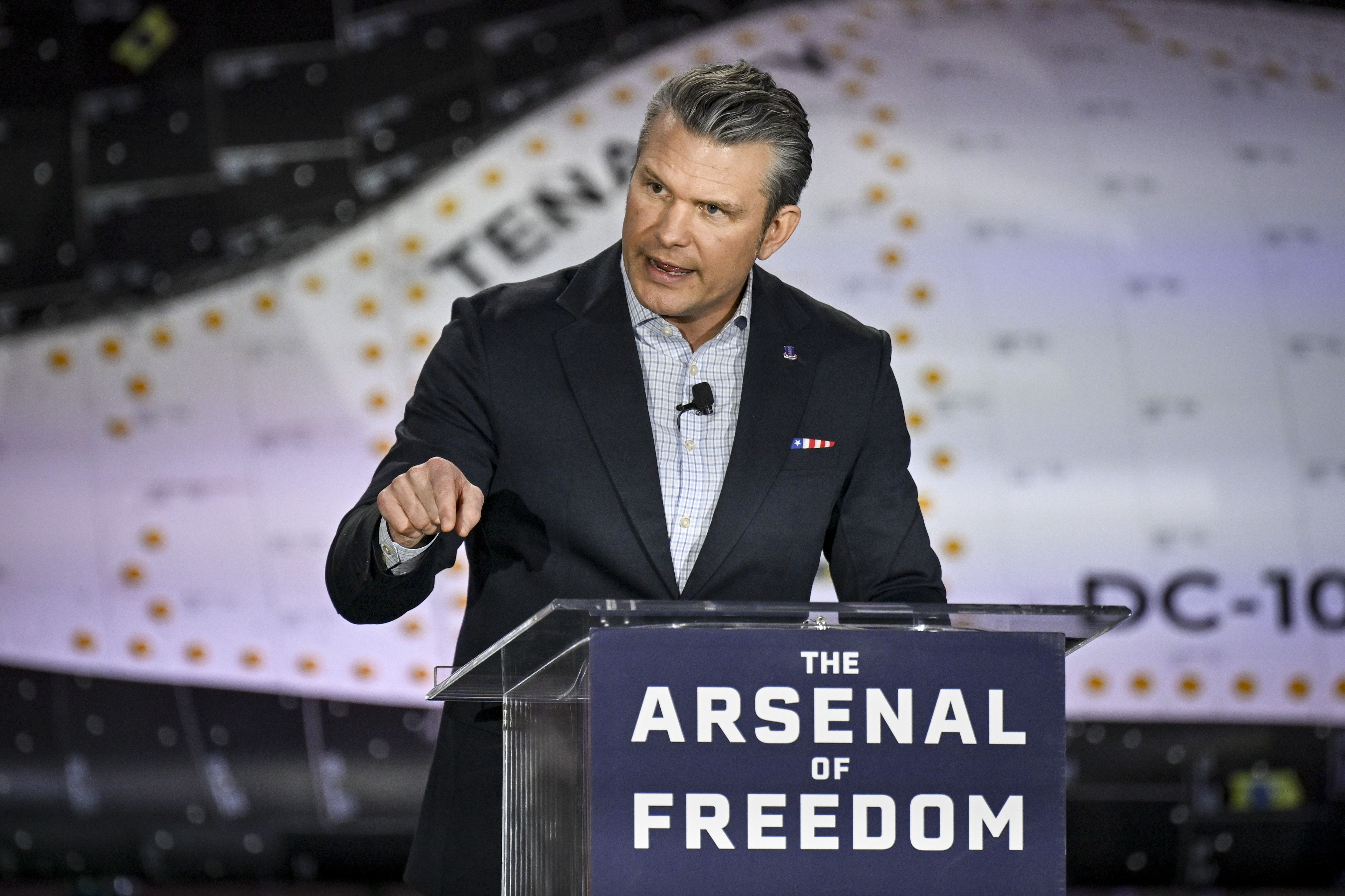 Defense Secretary Pete Hegseth speaks at the headquarters of Sierra Space in Louisville, Colorado, during his "Arsenal of Freedom" tour yesterday.