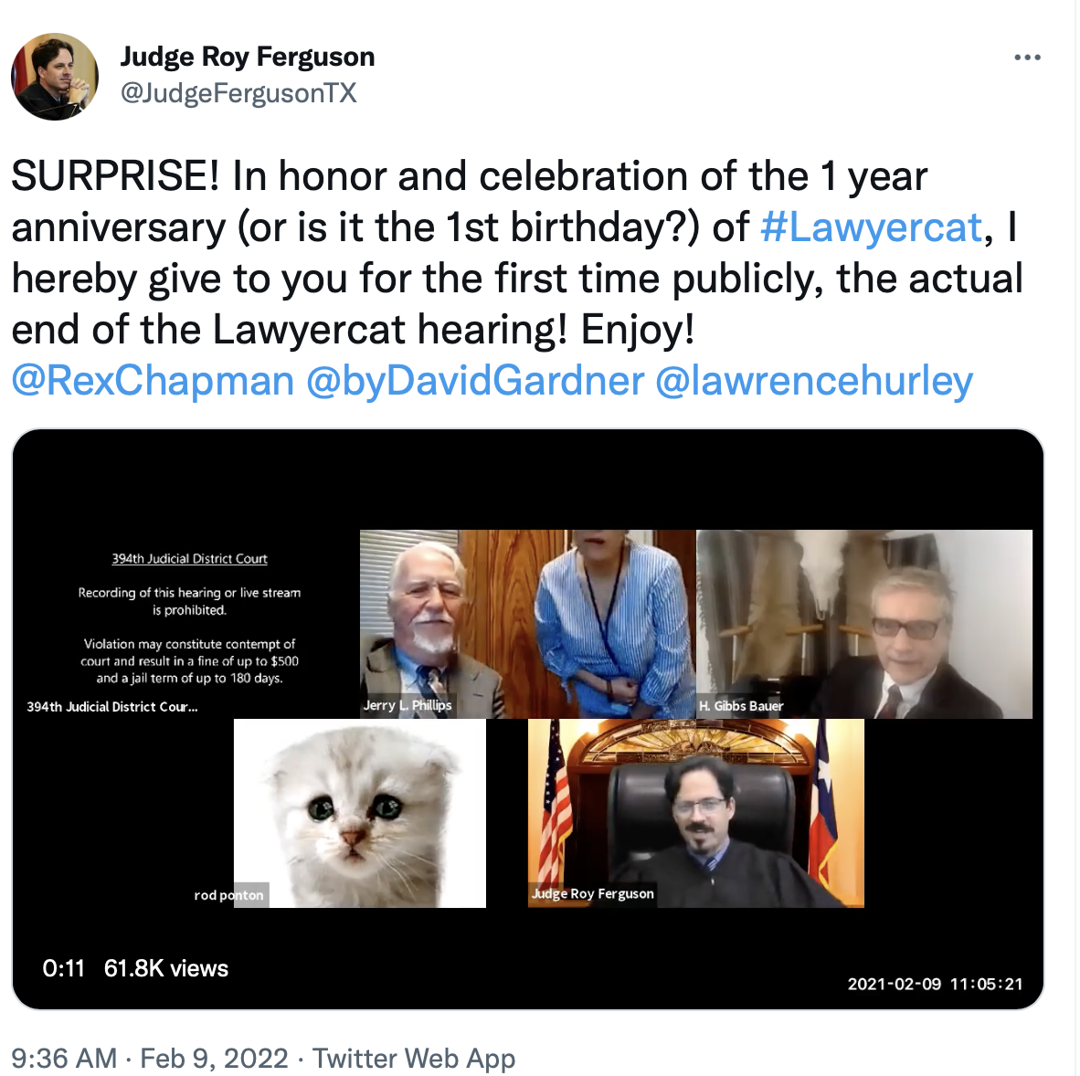A screenshot of a tweet from the judge who oversaw the Lawyercat hearing
