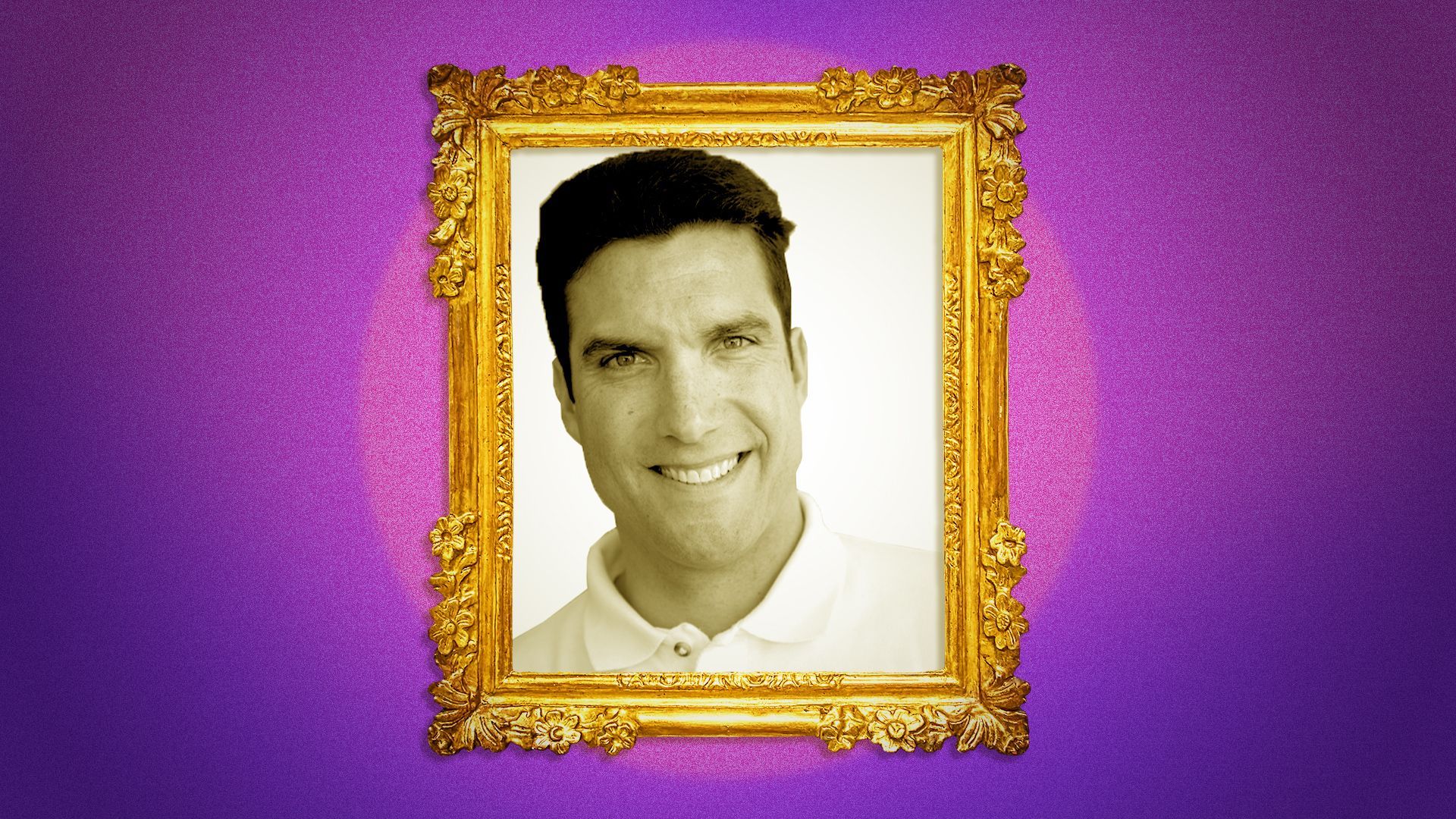 Photo illustration of a picture of Ricardo Cervantes centered inside a gold frame lit by a spotlight.