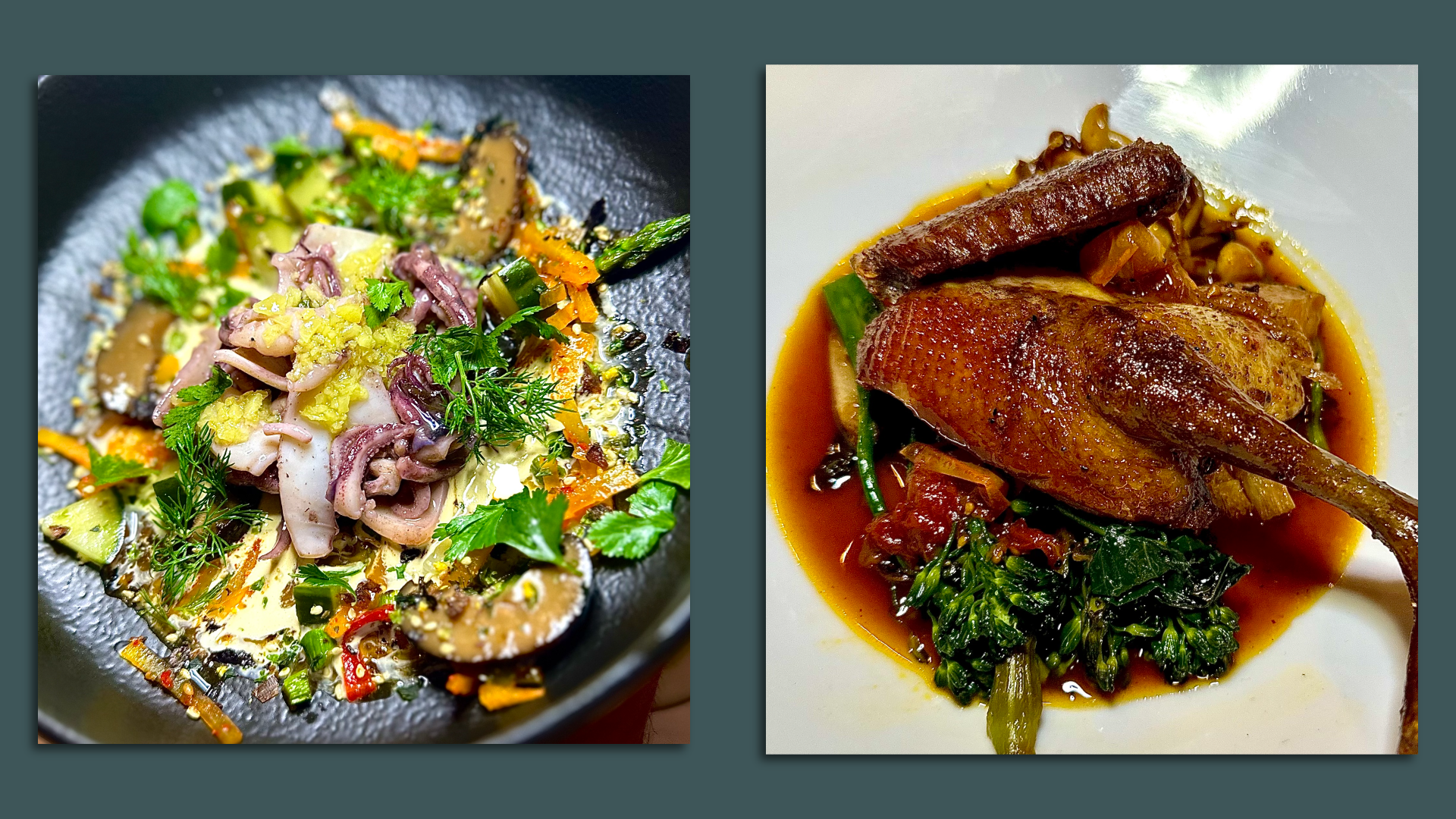 Dishes from Elyse, including a calamari salad (left) and roast duck 