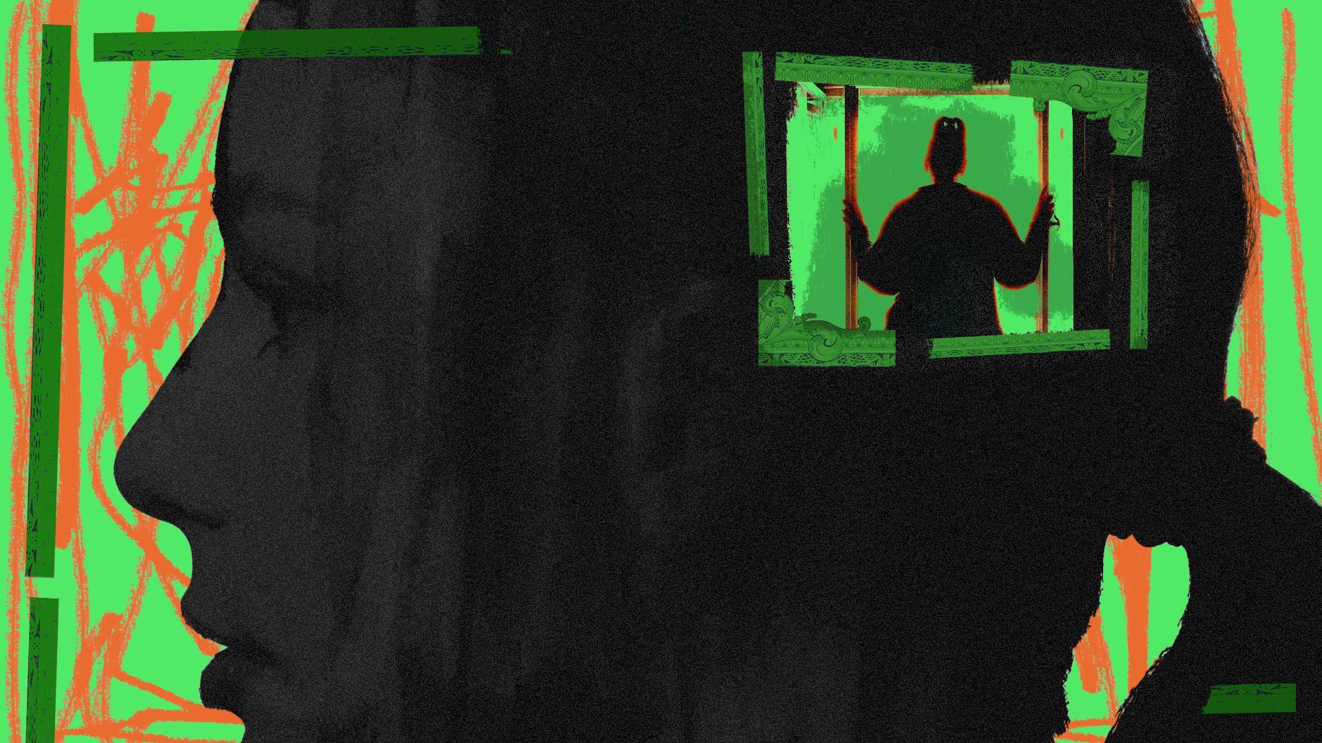 Illustration of a collage of a silhouetted profile of someone's face, a person looking through a window, abstract scribbles and money elements.