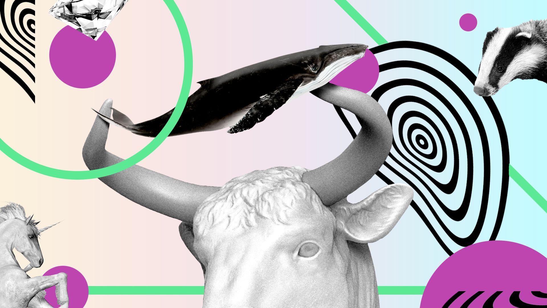 Illustrated collage of a marble statue of a bull, a whale, a unicorn, a diamond and a badger, with lines, warped targets and circles scattered all around.