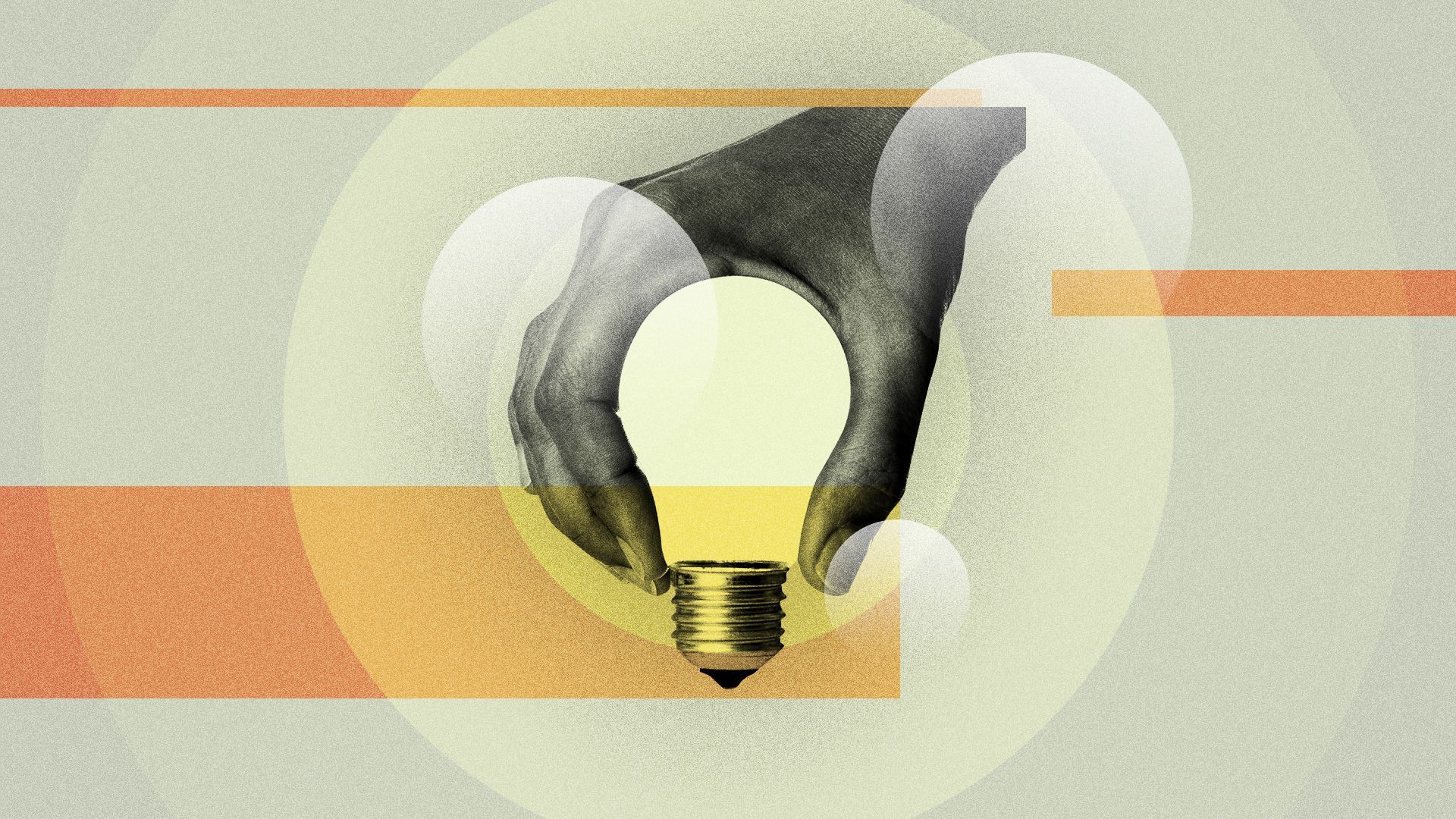 Illustration of a hand forming a lightbulb with negative space surrounded by radiating circles and abstract lines. 