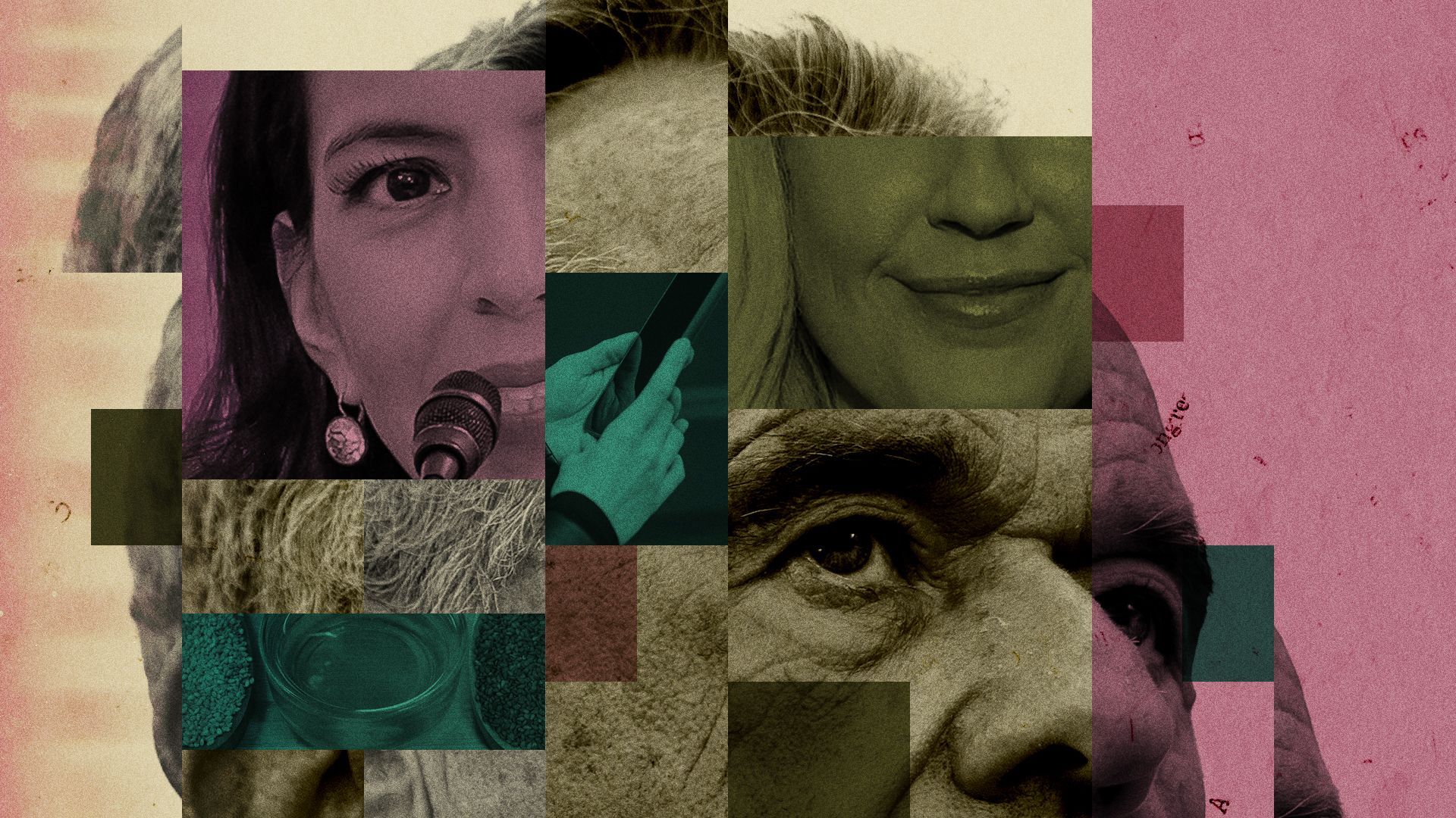 Photo illustration of Robert F. Kennedy Jr. surrounded by disjointed photos of Vani Hari, Courtney Swan, seed oils, and cell phones. 