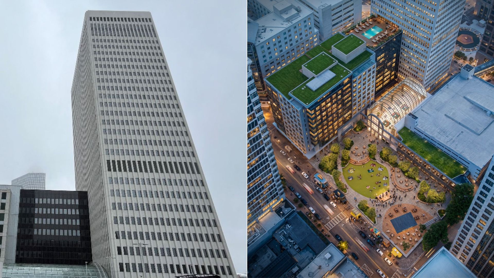 Two-panel urban scene: left shows a tall pale-gray office tower with a grid of windows; right shows an aerial view of a city block with green rooftops, glass atrium, and a plaza.