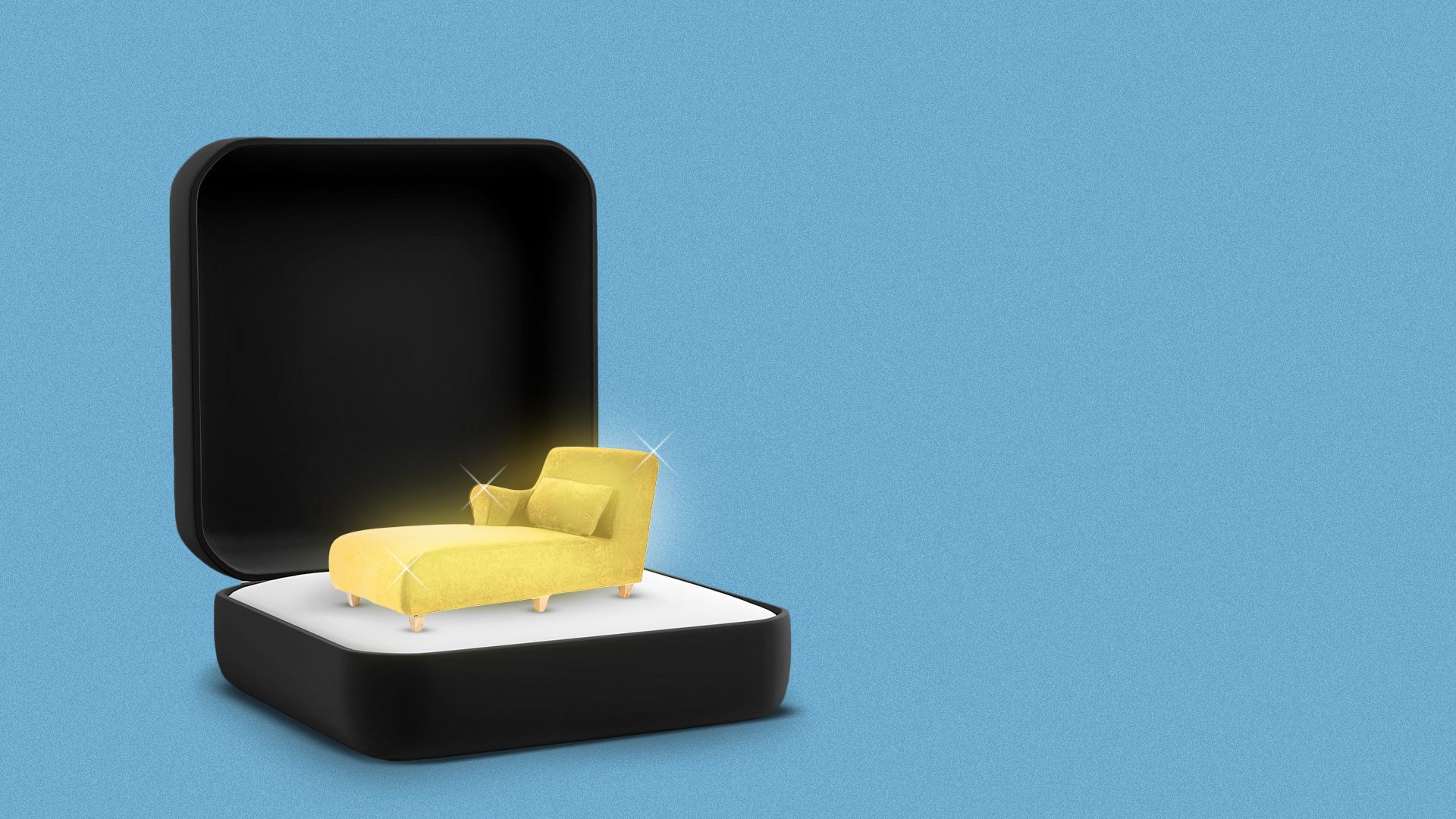 Illustration of a black ring box opening to show a glittering gold chaise style couch. 