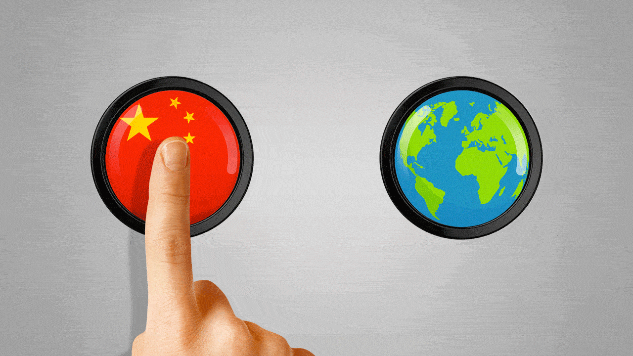 Animated illustration of a hand hovering between two buttons, one stylized as the Chinese flag and one stylized as the Earth. 