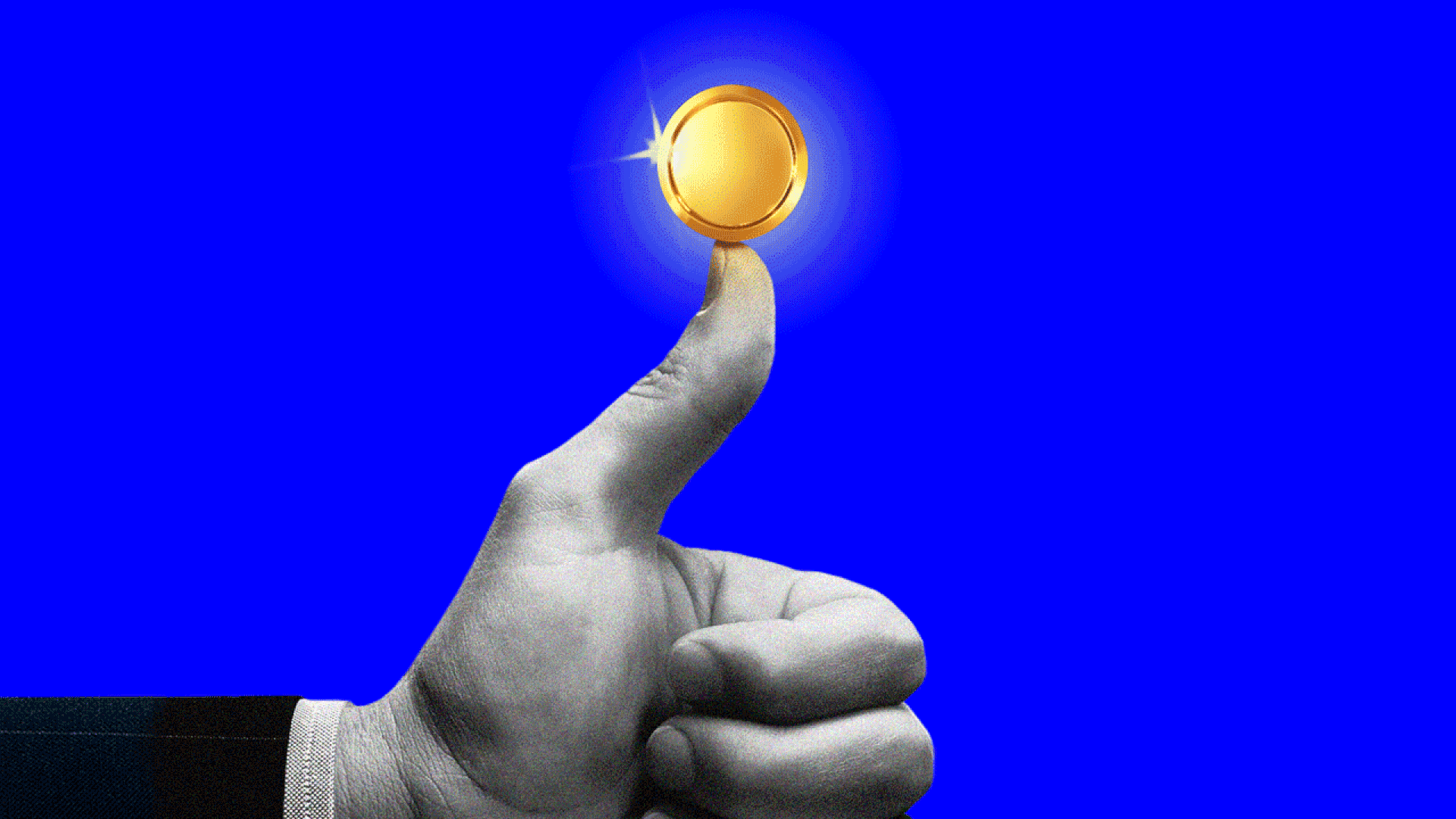 Animated illustration of a suited person's hand in a thumbs up balancing a sparkling golden coin rotating 