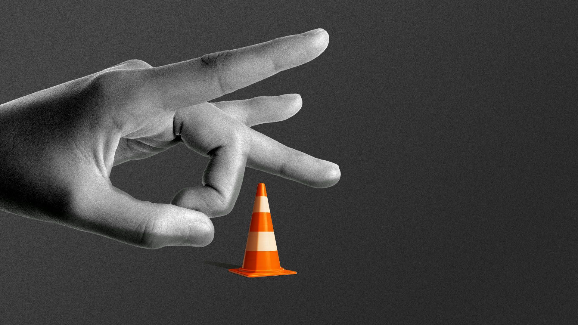 Illustration of a giant hand about to flick a small traffic cone