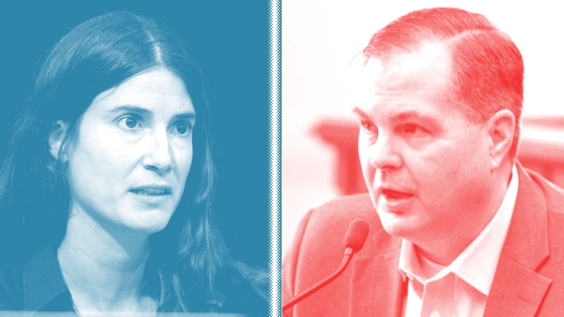 Split-screen portrait: left shows a blue-toned image of a woman with dark hair, right shows a red-toned image of a man in a suit speaking into a microphone; a dotted divider runs between them.