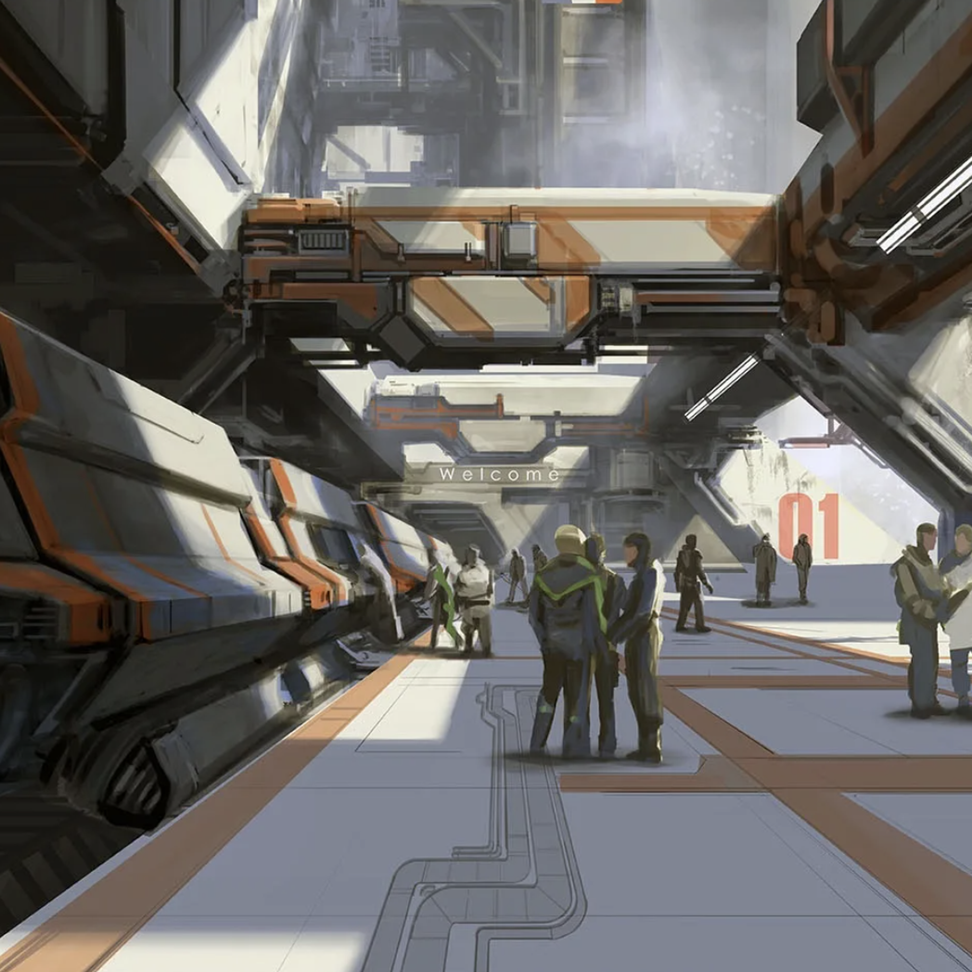 Concept art showing a futuristic train station