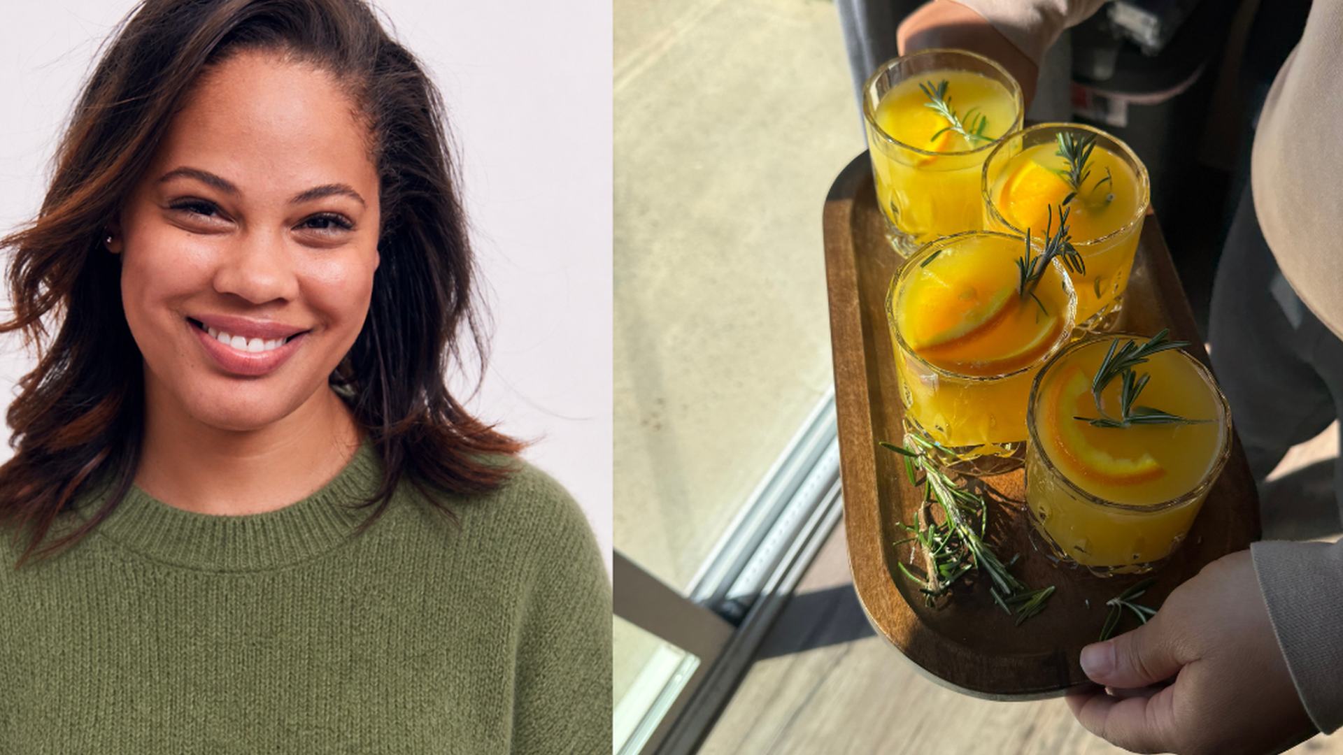 Left: smiling woman with shoulder-length brown hair in a green knit sweater. Right: tray of yellow cocktails with citrus slices and rosemary, held by a person in beige near a window.