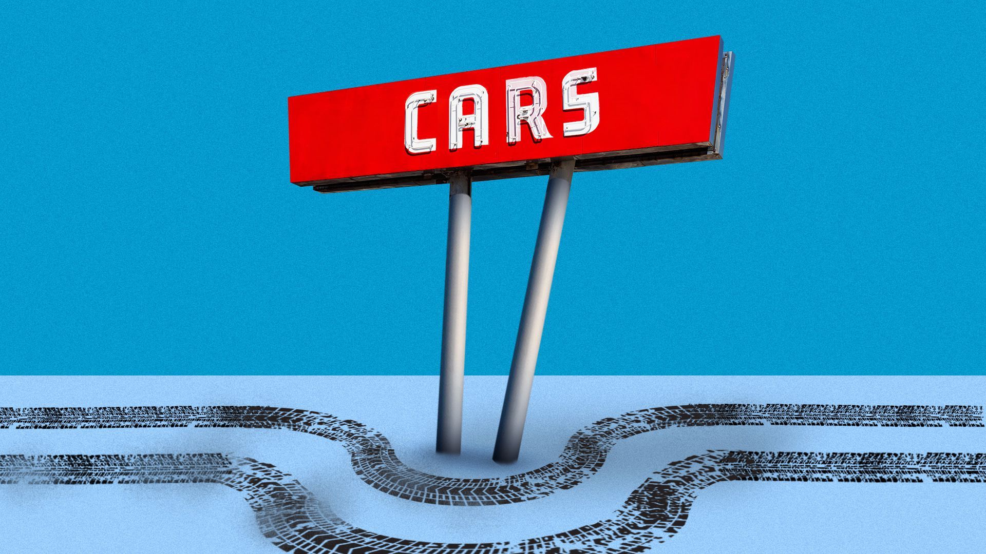 Illustration of tire marks indicating a car has driven around a car dealership sign 