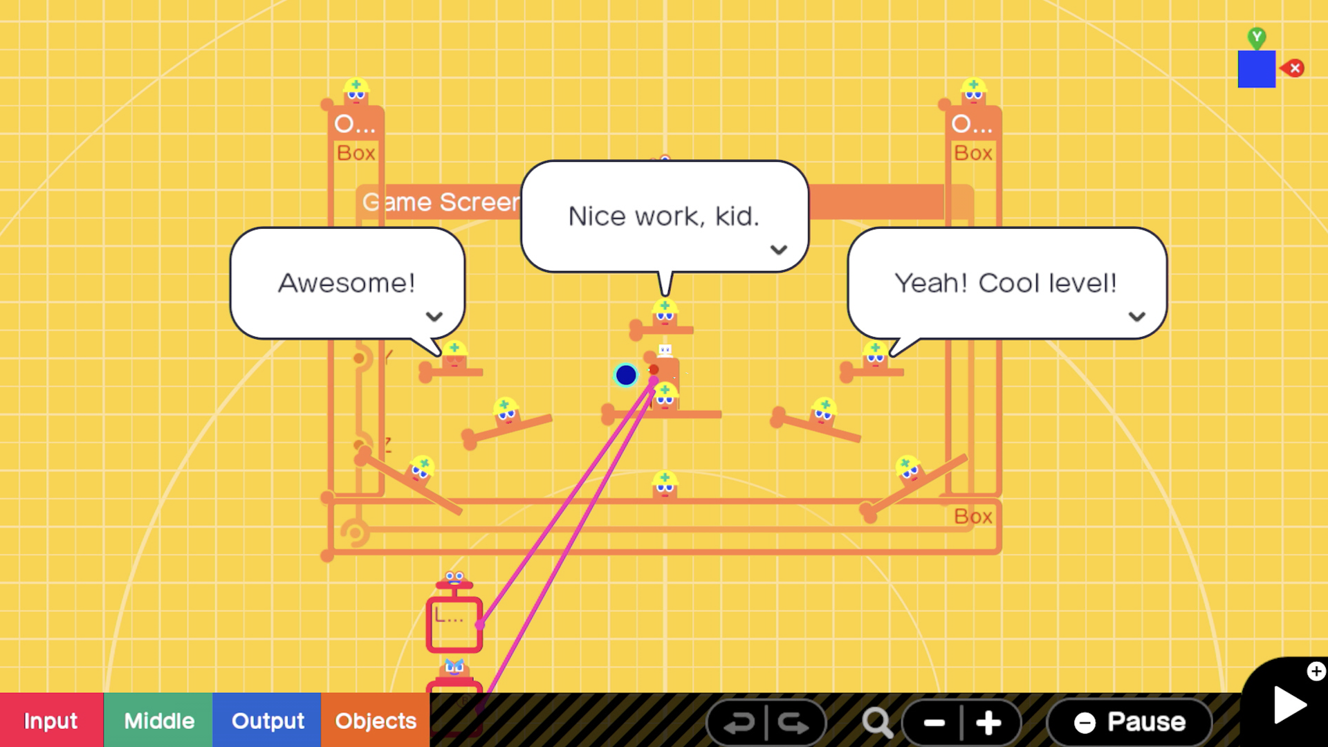 Video game screenshot that shows a simple video game board being assembled while words of encouragement pop up in balloons