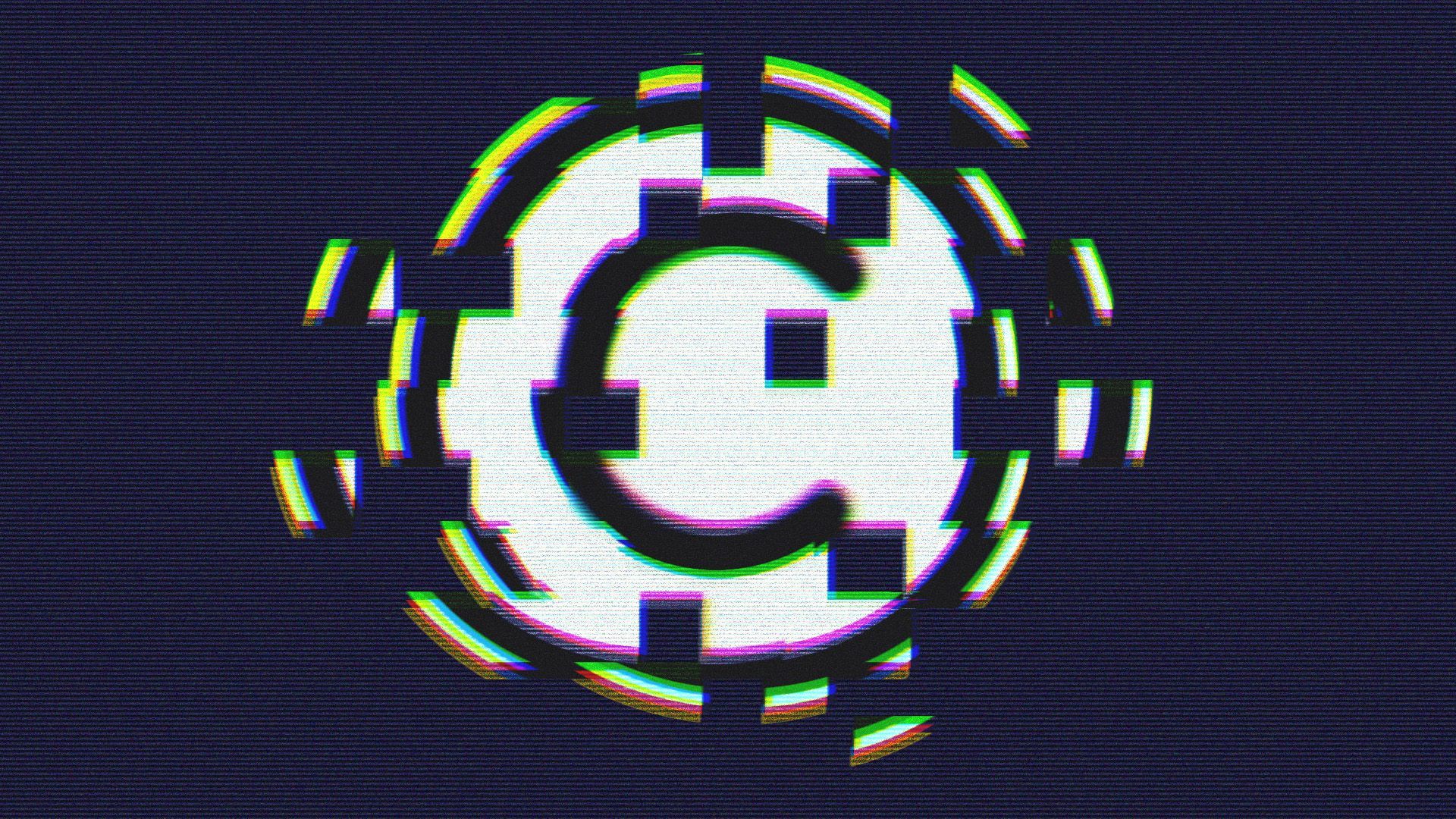 an illustration of a glitching and fragmented copyright symbol on a dark blue computer screen