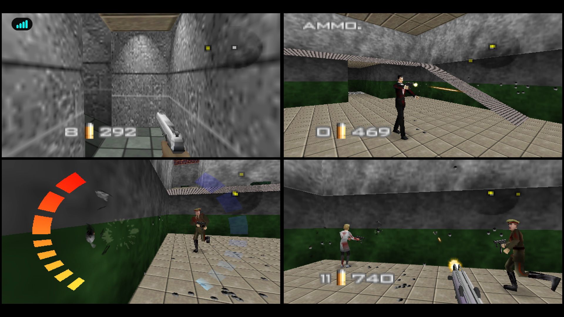 Video game screenshot of a James Bond shooting game played in four-player splitscreen