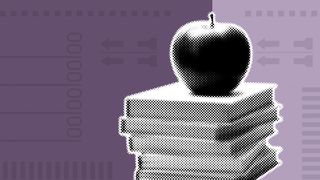 Illustration of a stack of books with an apple sitting on top of them with cards and pictures and figures behind it