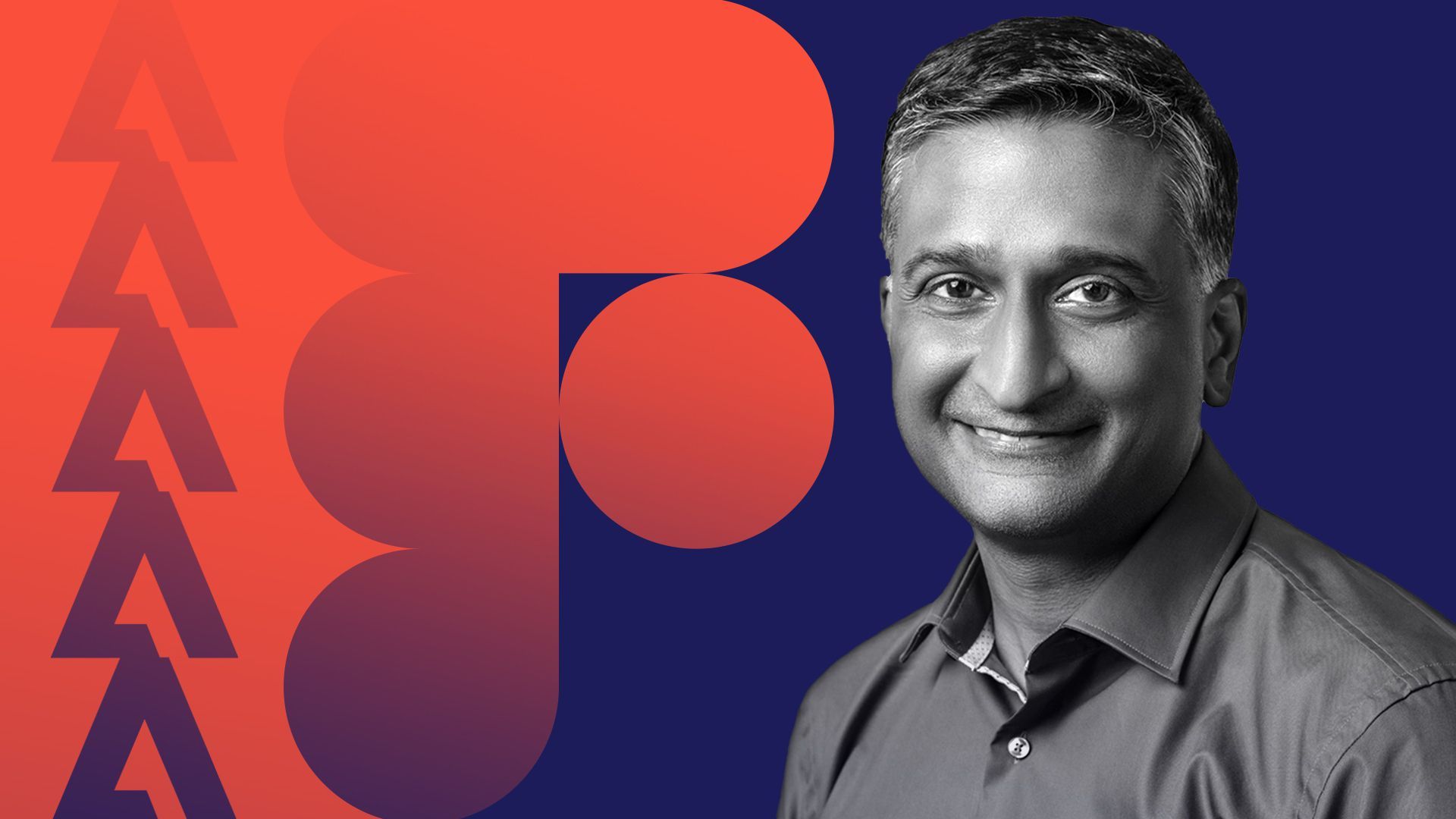 Photo illustration of Dana Rao next to the Figma and Adobe logos