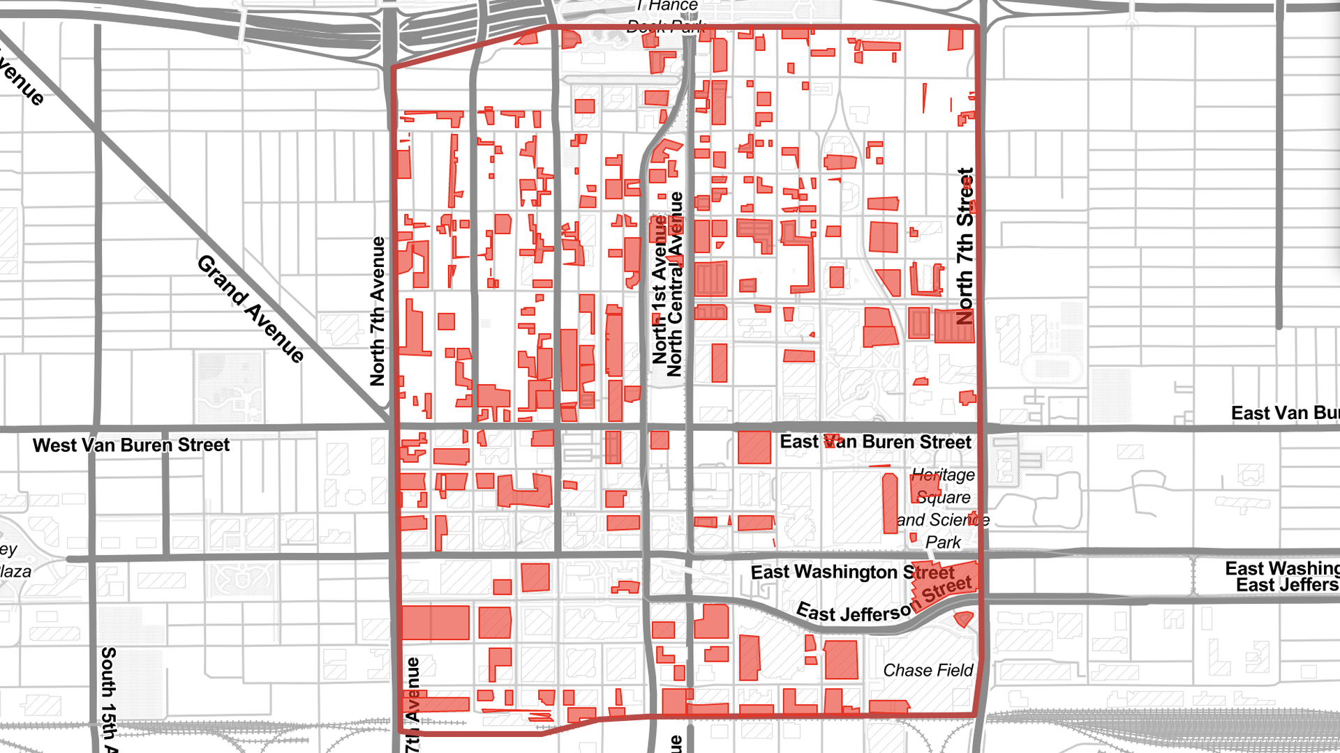 A black and white street map of Phoenix with a square in the middle where parking spaces are shaded in red. 