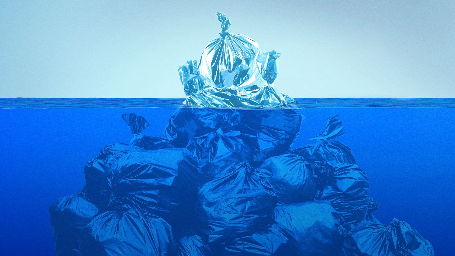Illustration of an iceberg made of trashbags. The tip of the iceberg is emerging from the water. 