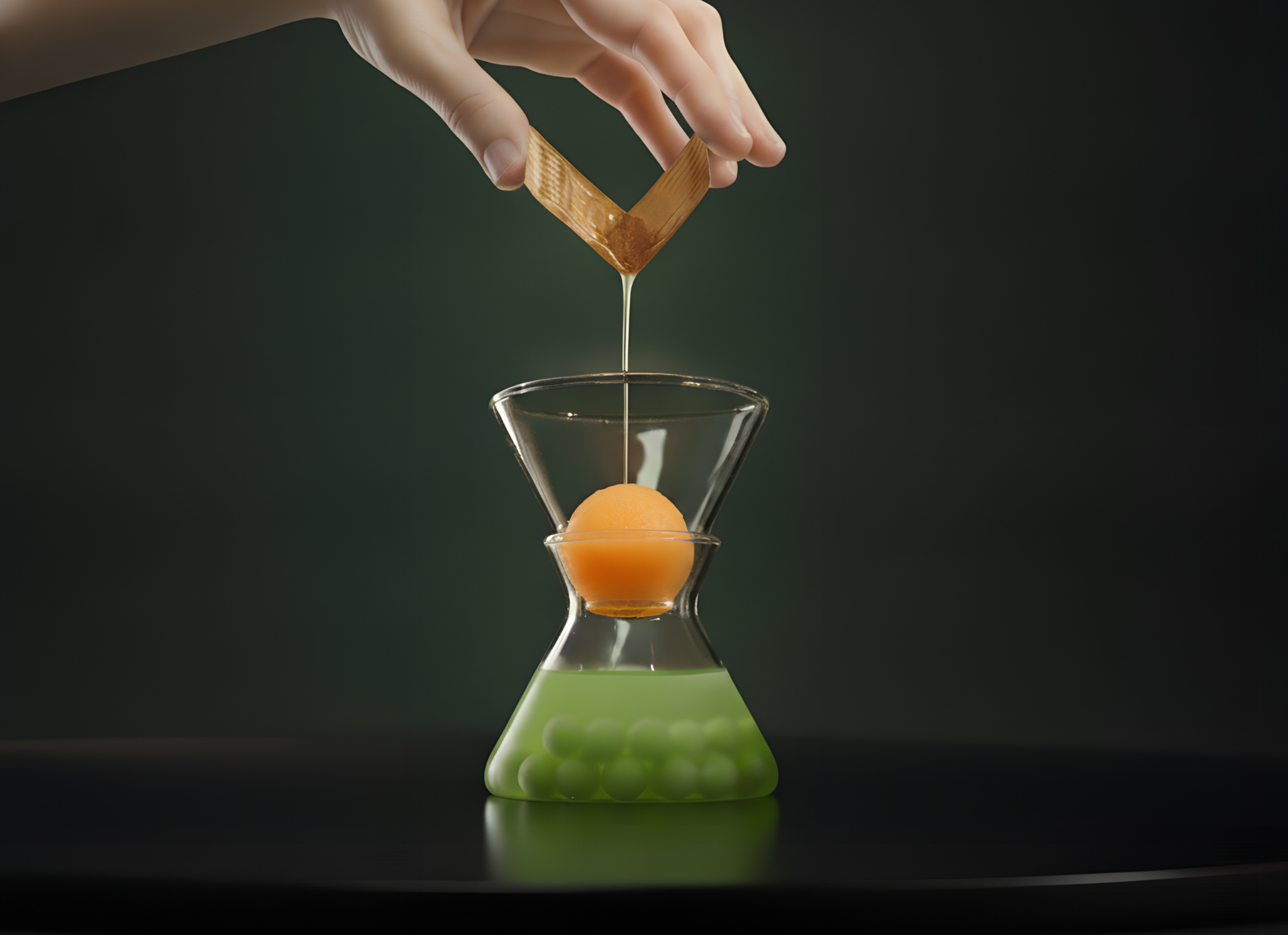 Close-up of a hand guiding a caramel-colored ribbon into a tall glass, above an orange sphere in a layered glass structure with green liquid, against a dark green background.