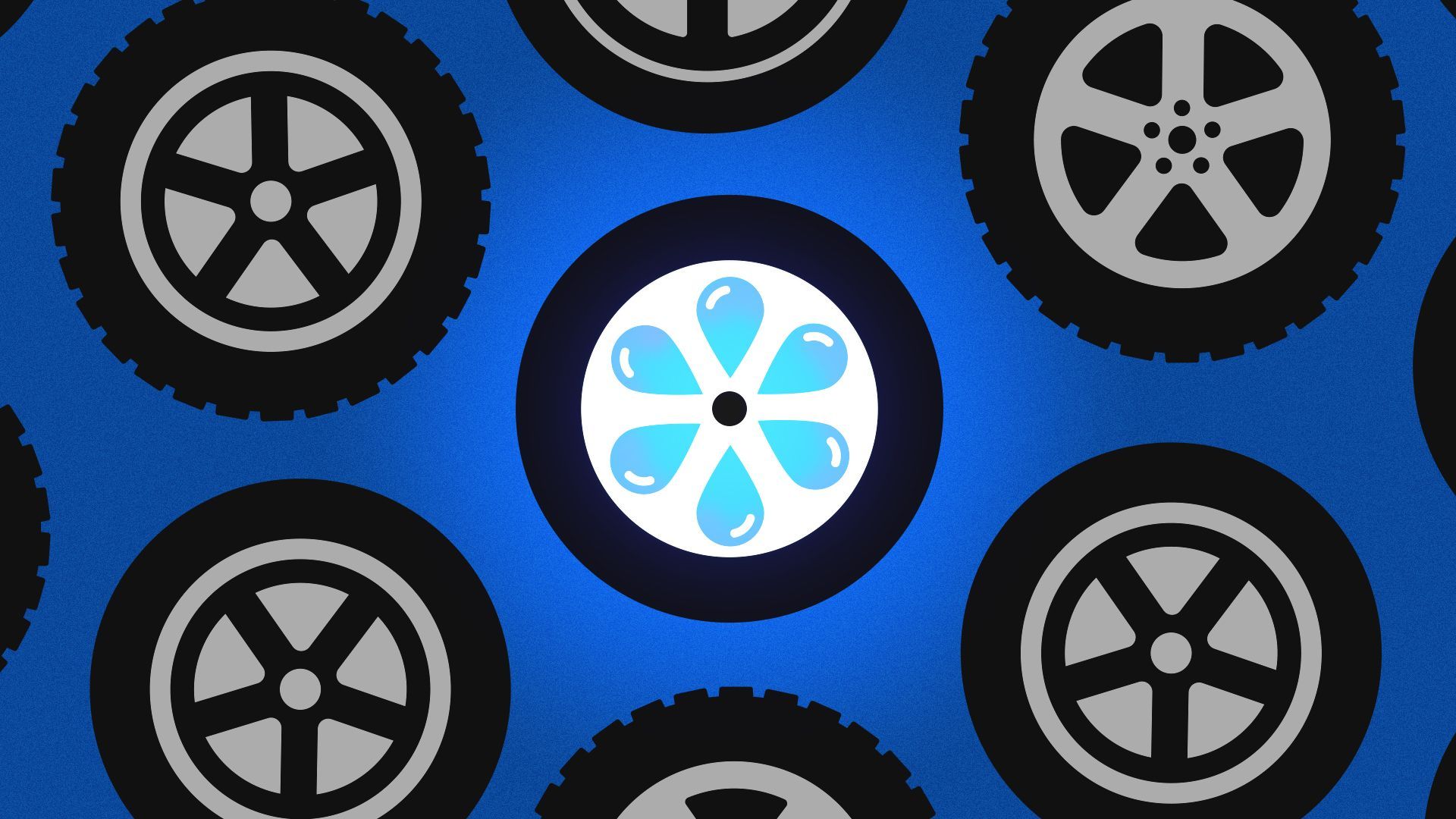 Illustration of a pattern of tires with hubcaps with one hubcap made of water droplets.