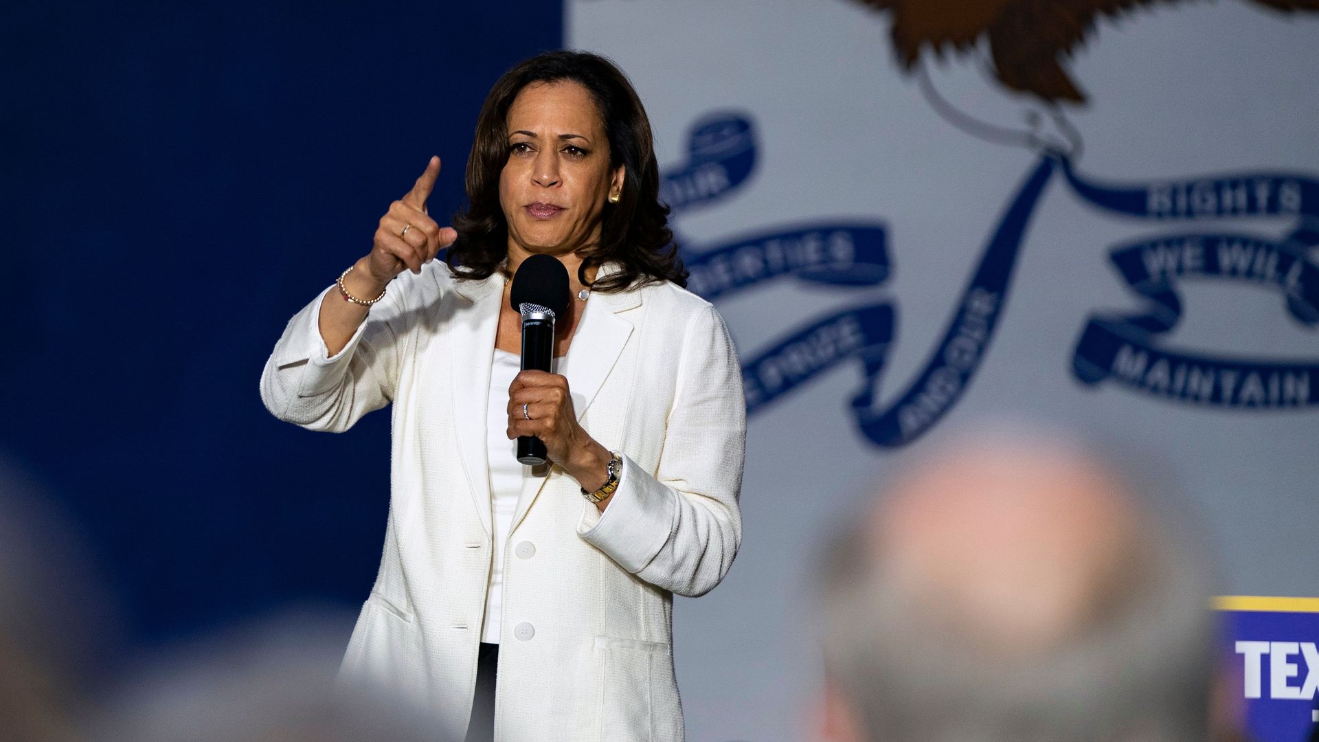  Democratic Presidential hopeful Senator Kamala Harris (D-CA) speaks at a campaign rally in Davenport, Iowa on August 12