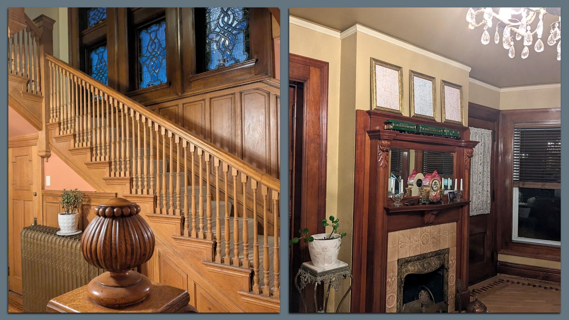 Split image of a wood-paneled interior: left shows a grand staircase with carved balusters and stained glass; right shows a mantel with framed panels, a green train, chandelier, and lace curtains.