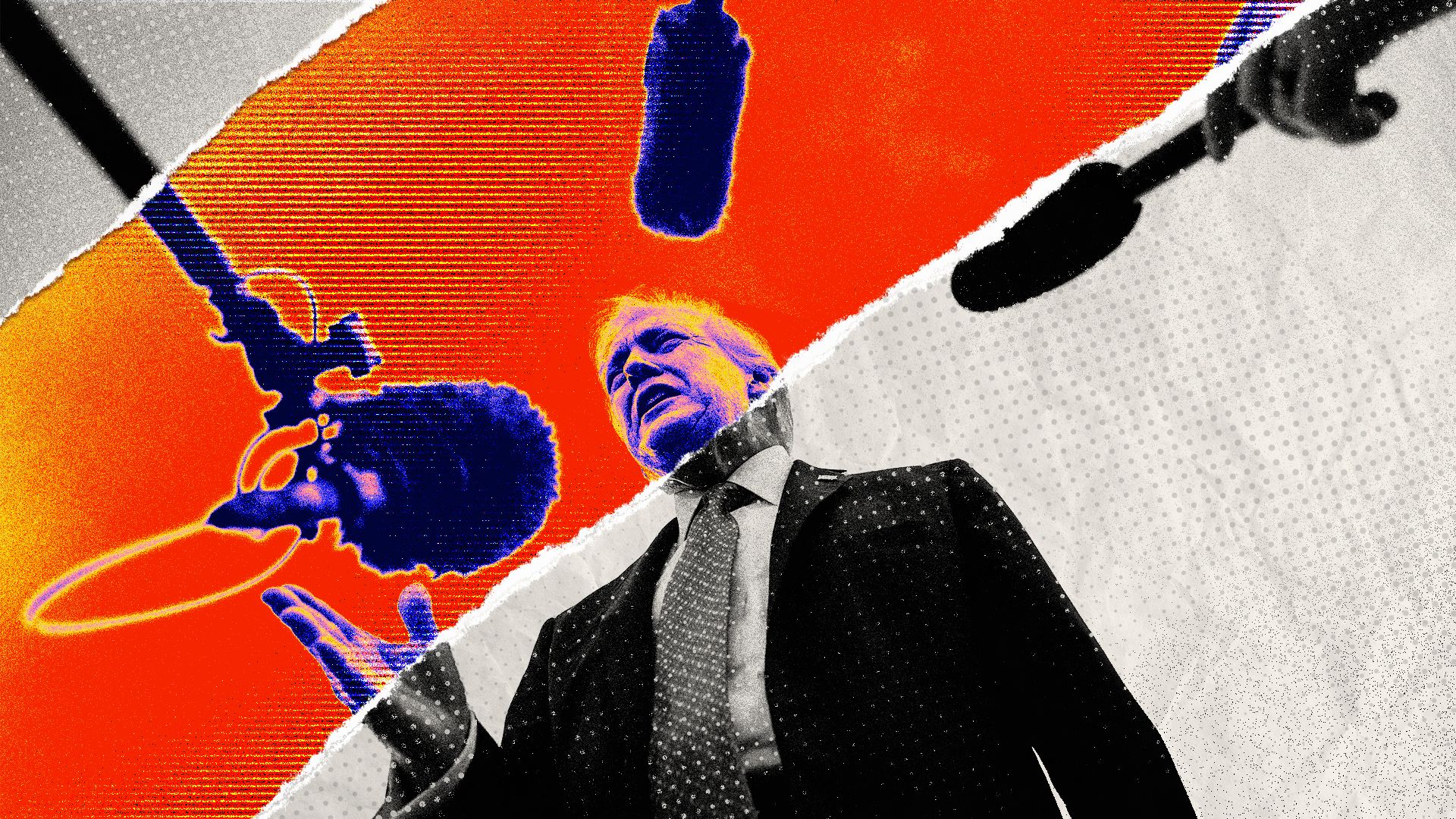 Photo illustration of President Trump talking to reporters rendered on torn paper