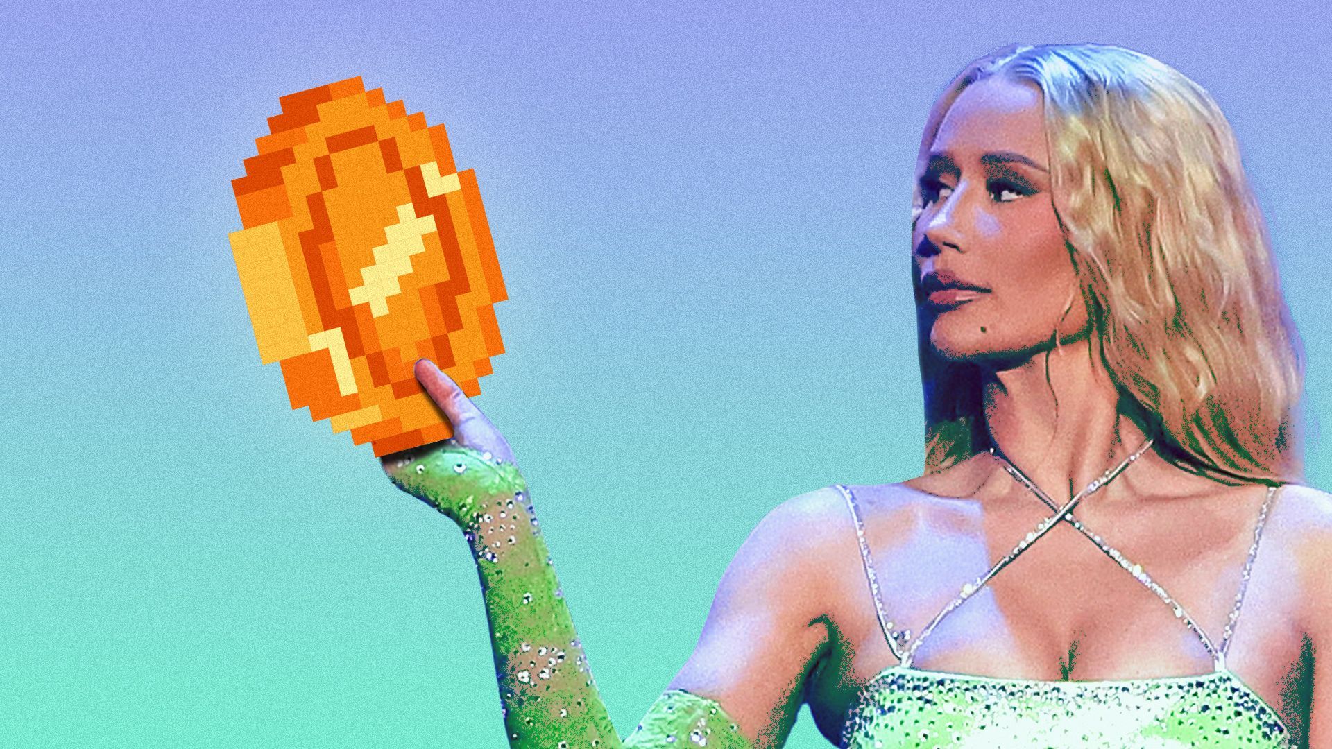 Photo illustration of Iggy Azalea looking at the pixelated coin she's holding.