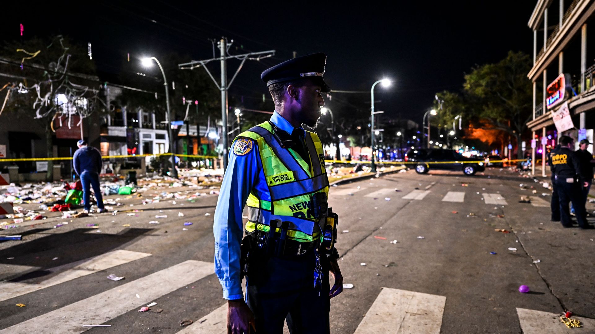 A police officer at the scene of a shooting in New Orleans on Feb. 19.