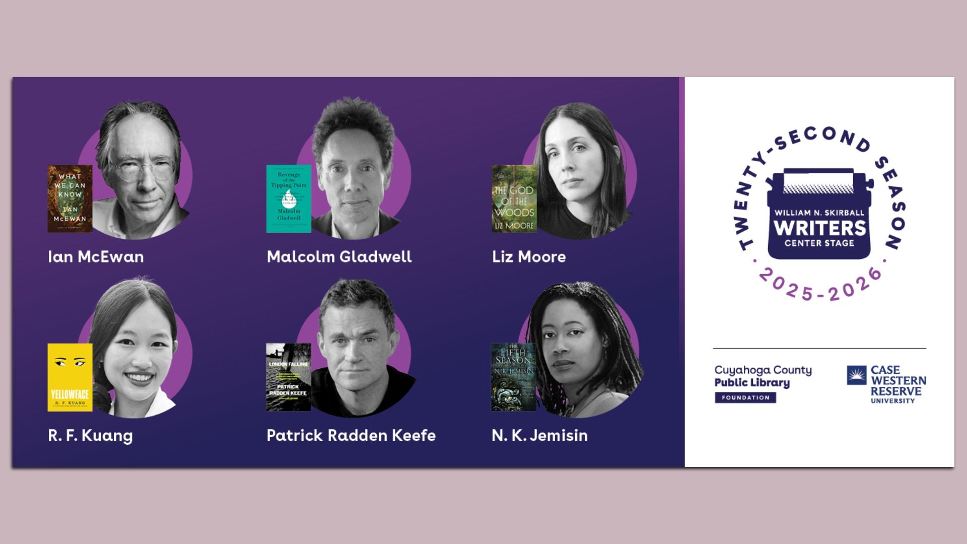 Image of six authors by their books. Flyer for writers event.