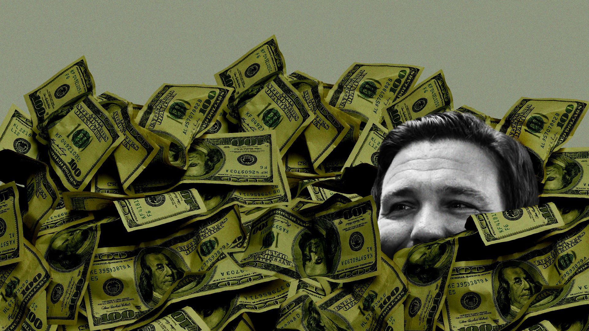 Illustration of Ron DeSantis' head poking out from a pile of money. 