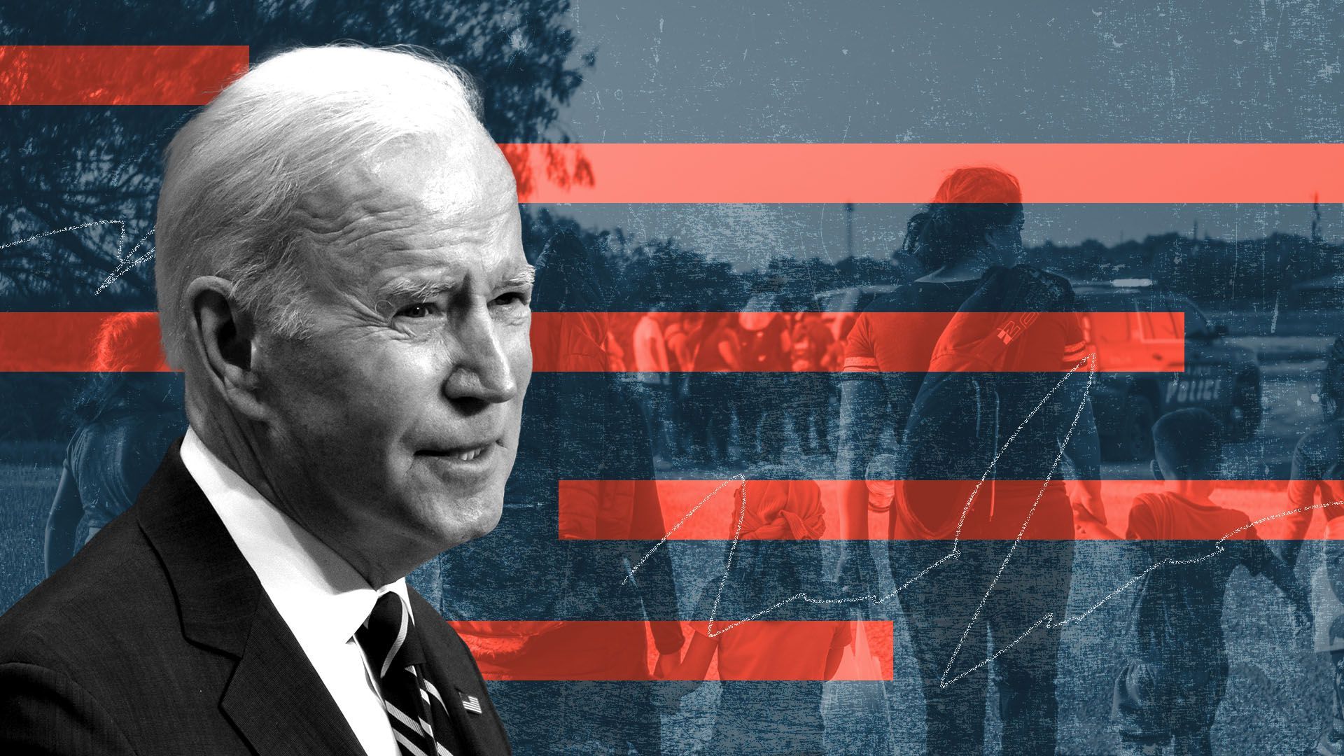 Photo illustration of President Biden with immigrants walking towards the Texas border in the background and stripes