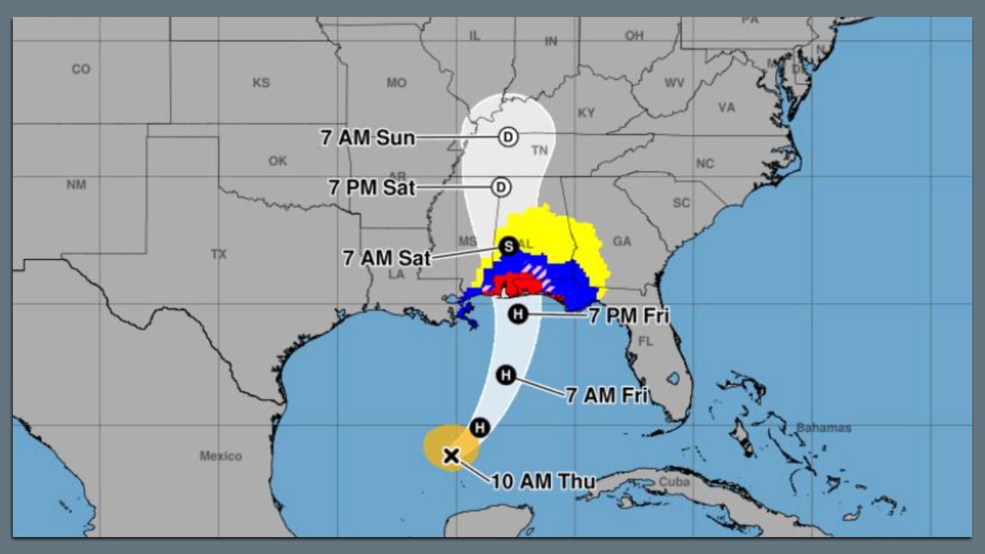 Weather map showing a tropical system near the Gulf Coast with a white forecast cone, track through the southern U.S. Gulf states, and colored rainfall bands (yellow, red, blue) with time labels.