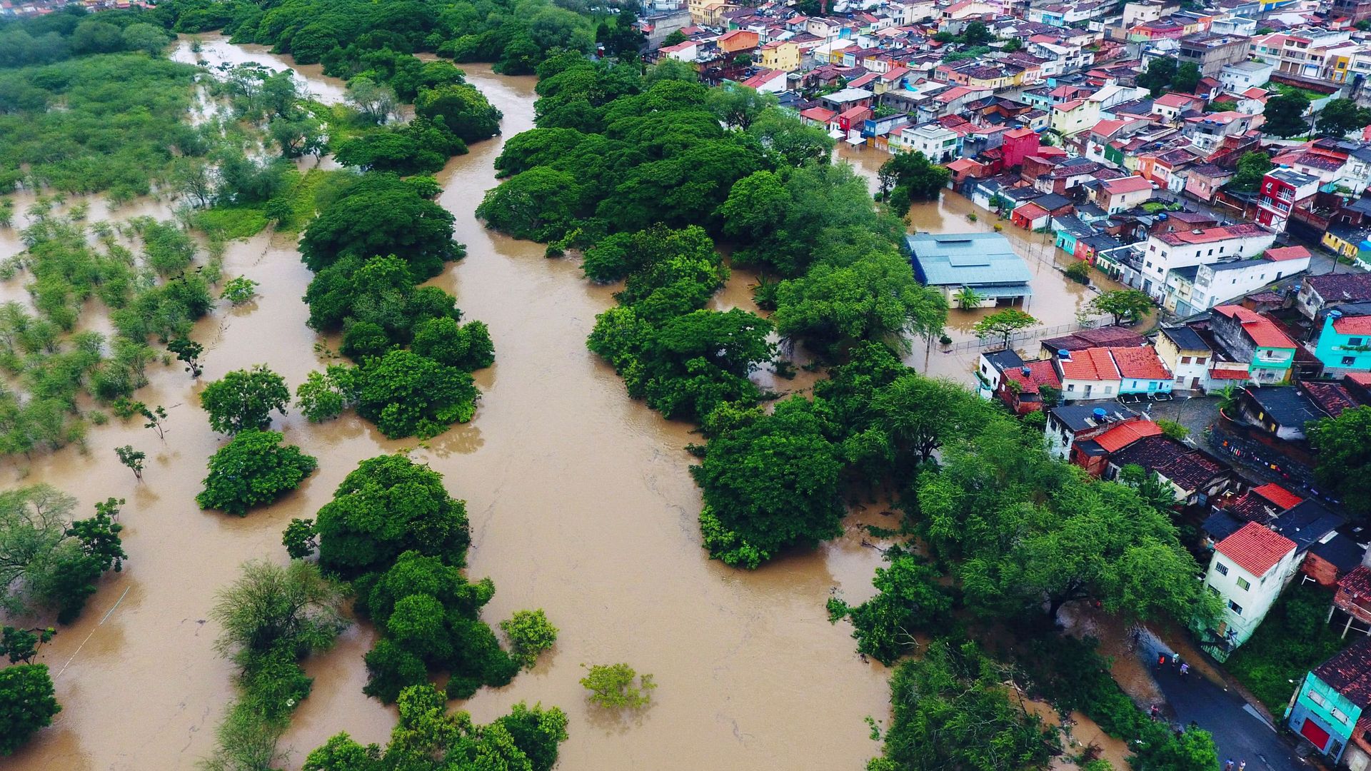 Aerial view of floods caused by heavy rains in Itapetinga, Bahia State, Brazil, on December 26.
