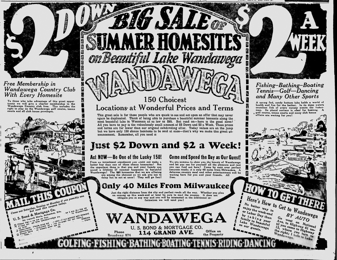 Black and white vintage ad for Summer Homesites on Beautiful Lake Wandawega